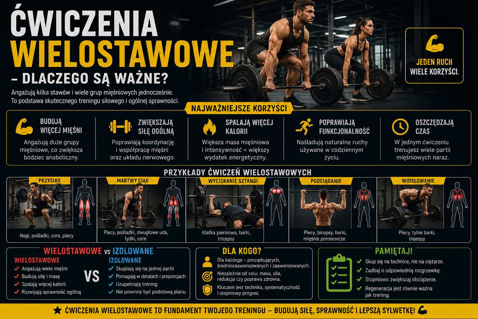 Ćwiczenia wielostawowe – infografika pokazująca przysiad, martwy ciąg, wyciskanie i podciąganie oraz ich wpływ na budowę mięśni, siłę, spalanie kalorii i poprawę funkcjonalności