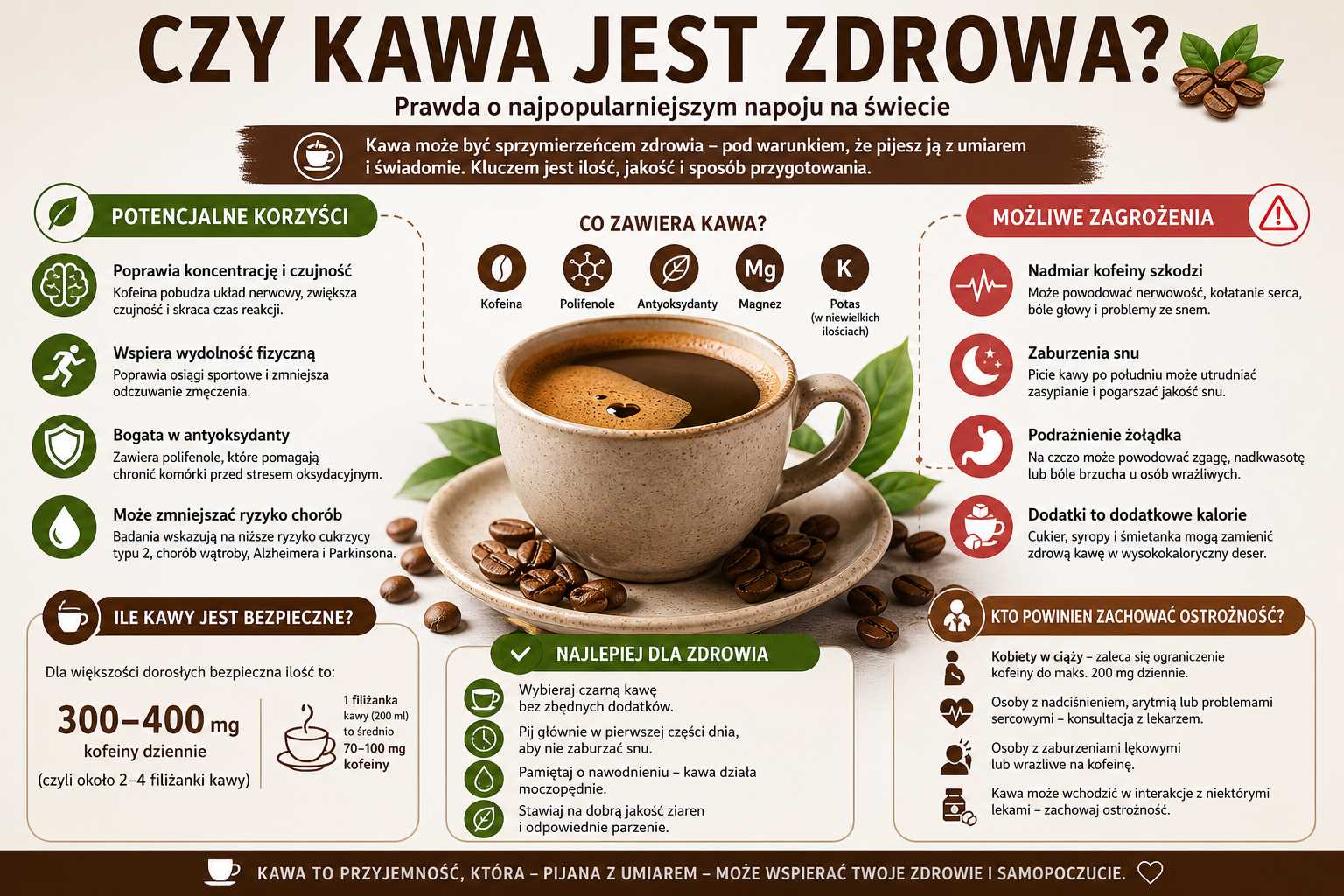 Infografika wyjaśniająca czy kawa jest zdrowa, przedstawiająca potencjalne korzyści picia kawy, możliwe zagrożenia, bezpieczną ilość kofeiny oraz wskazówki dotyczące umiarkowanego spożycia.