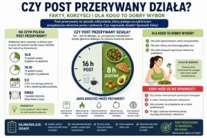 Infografika „Czy post przerywany działa?” przedstawiająca model 16:8 i inne warianty IF, korzyści, dla kogo jest odpowiedni, kiedy może się nie sprawdzić oraz podkreślająca znaczenie deficytu kalorycznego i jakości diety.