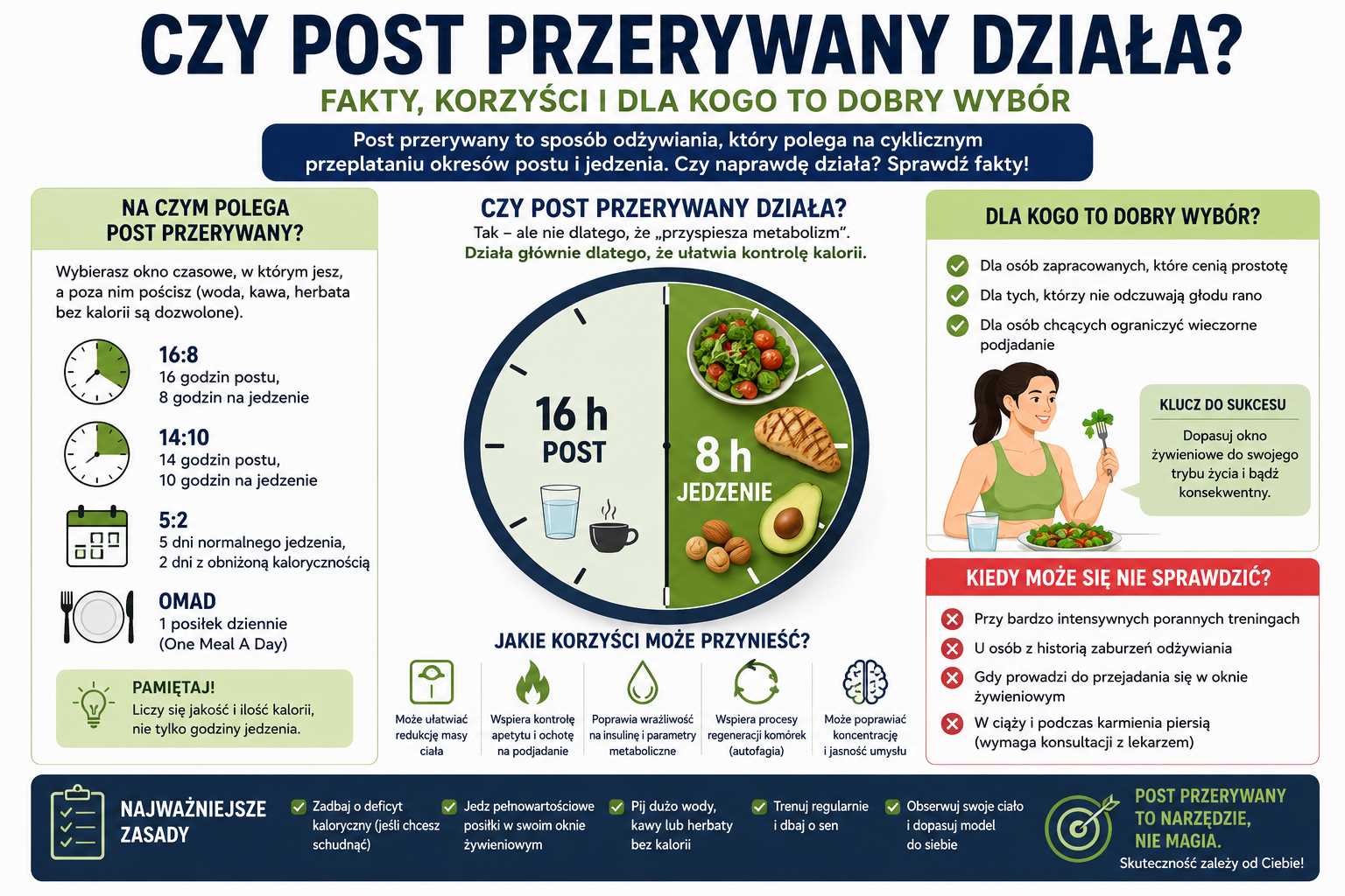 Infografika „Czy post przerywany działa?” przedstawiająca model 16:8 i inne warianty IF, korzyści, dla kogo jest odpowiedni, kiedy może się nie sprawdzić oraz podkreślająca znaczenie deficytu kalorycznego i jakości diety.