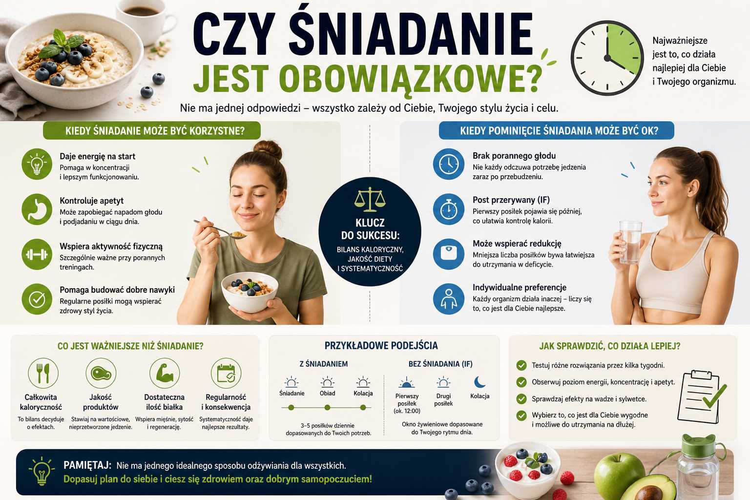 Infografika „Czy śniadanie jest obowiązkowe?” porównująca korzyści jedzenia śniadania i pomijania go w modelu postu przerywanego, z informacjami o bilansie kalorycznym, jakości diety, koncentracji, aktywności fizycznej i indywidualnych preferencjach.