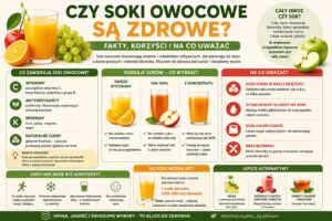 Infografika przedstawiająca odpowiedź na pytanie czy soki owocowe są zdrowe, z podziałem na składniki odżywcze, rodzaje soków, potencjalne korzyści, zagrożenia oraz porównanie soku z całym owocem.