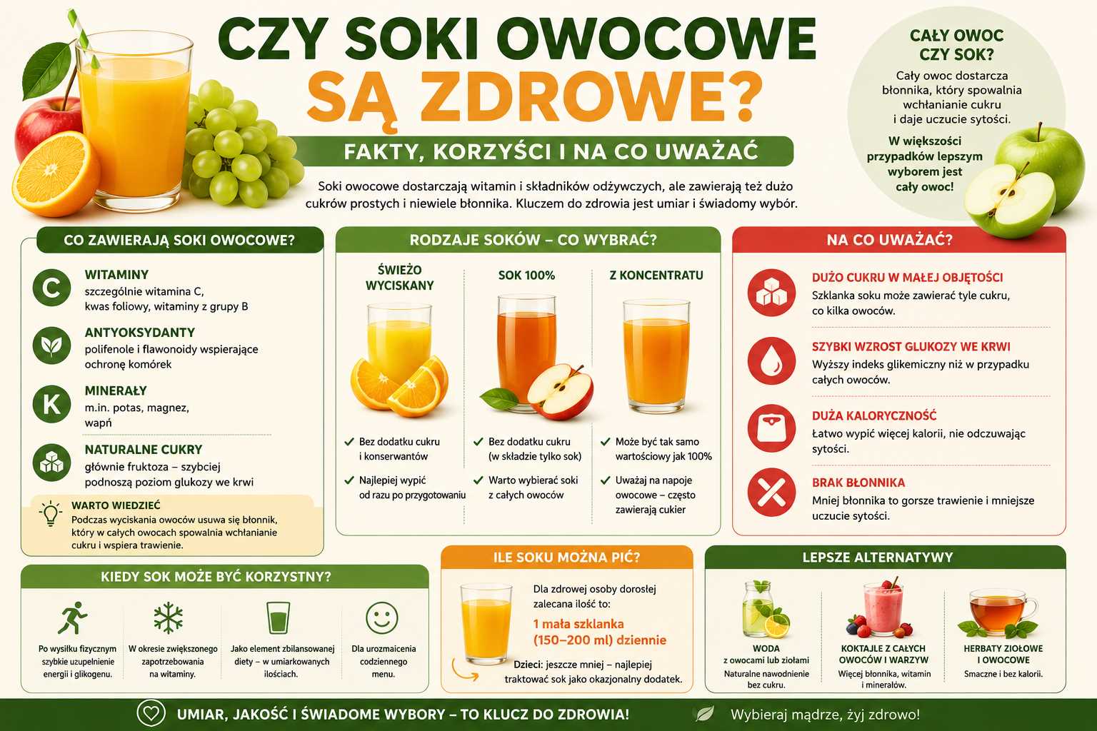 Infografika przedstawiająca odpowiedź na pytanie czy soki owocowe są zdrowe, z podziałem na składniki odżywcze, rodzaje soków, potencjalne korzyści, zagrożenia oraz porównanie soku z całym owocem.