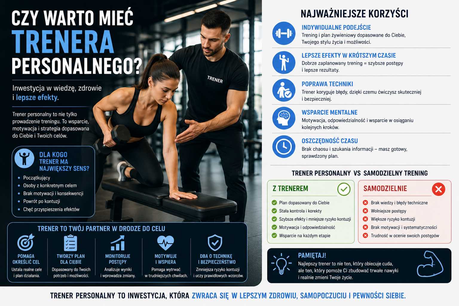 Czy warto mieć trenera personalnego – infografika pokazująca korzyści współpracy z trenerem, porównanie treningu z trenerem i samodzielnego, indywidualny plan, poprawę techniki i szybsze efekty