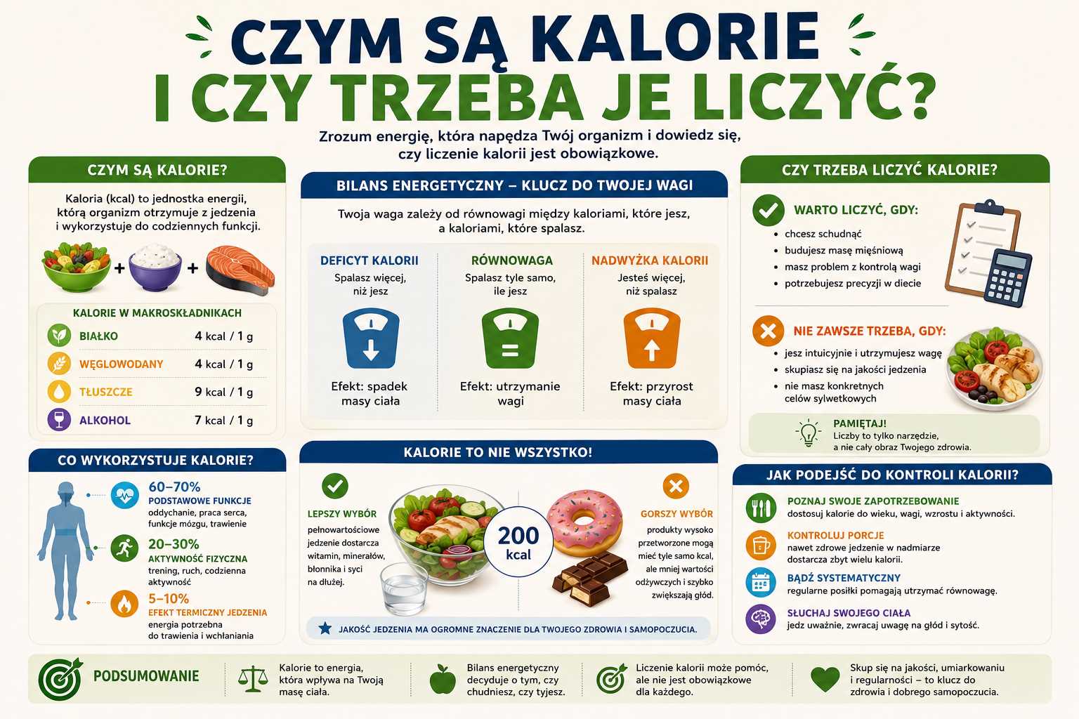 Infografika wyjaśniająca czym są kalorie i czy trzeba je liczyć, przedstawiająca bilans energetyczny, rolę makroskładników, deficyt i nadwyżkę kalorii oraz praktyczne wskazówki dotyczące kontroli energii w diecie.