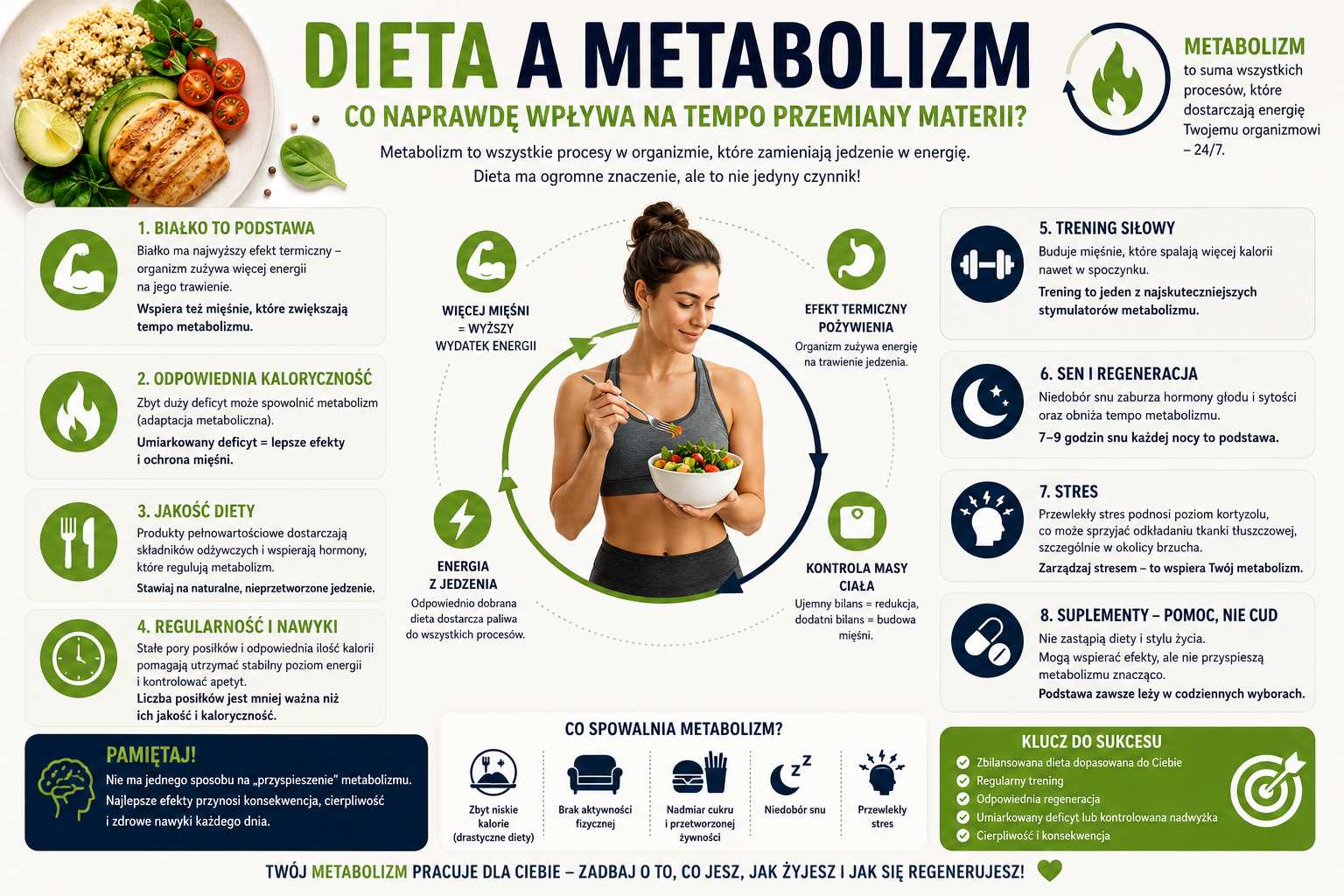Infografika „Dieta a metabolizm” wyjaśniająca, co wpływa na tempo przemiany materii – rola białka, kaloryczności, jakości diety, treningu siłowego, snu, stresu oraz bilansu energetycznego w kontroli masy ciała.