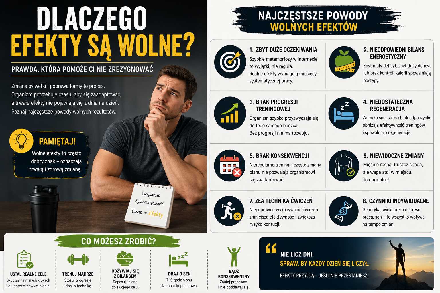 Dlaczego efekty są wolne – infografika pokazująca najczęstsze przyczyny braku szybkich rezultatów w treningu: brak progresji, zły bilans kaloryczny, mało snu, brak konsekwencji oraz wskazówki jak przyspieszyć postępy