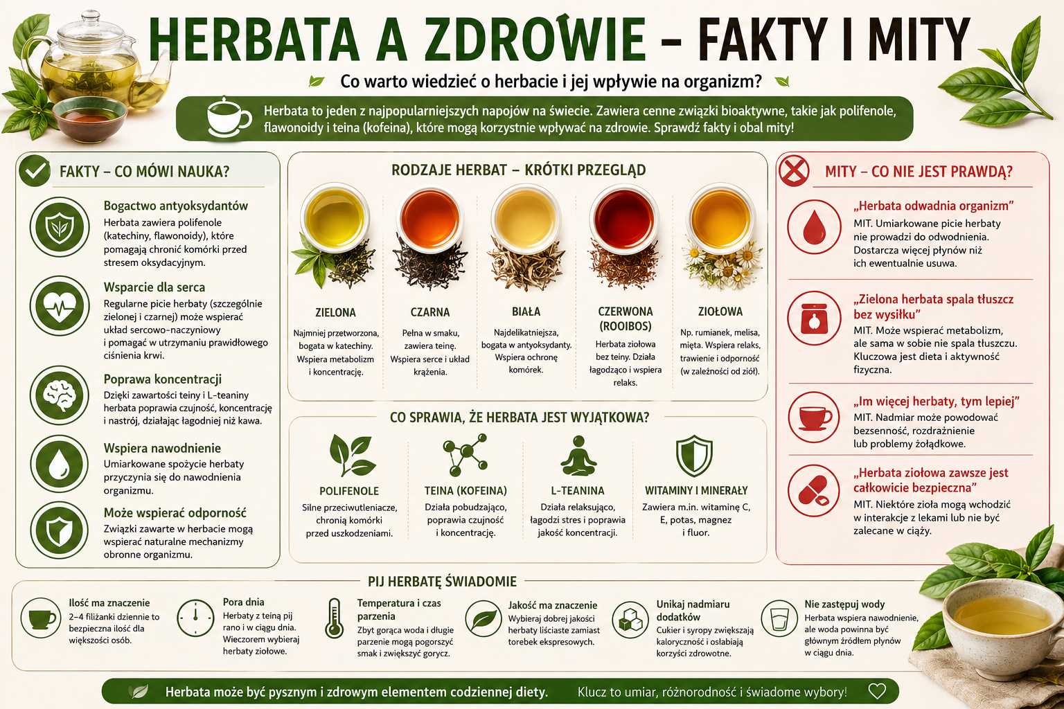 Infografika przedstawiająca temat „Herbata a zdrowie – fakty i mity”, z podziałem na korzyści zdrowotne, popularne mity, rodzaje herbat oraz wskazówki dotyczące świadomego picia herbaty.