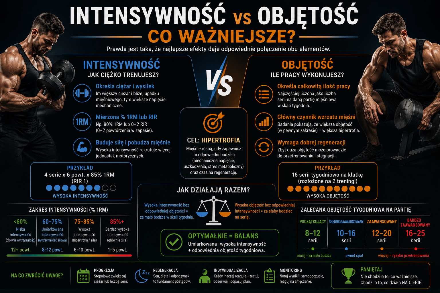 Infografika porównująca intensywność i objętość treningową – pokazuje różnice między ciężarem i RIR a liczbą serii tygodniowo, krzywą zależności wzrostu mięśni oraz znaczenie balansu dla maksymalnej hipertrofii.