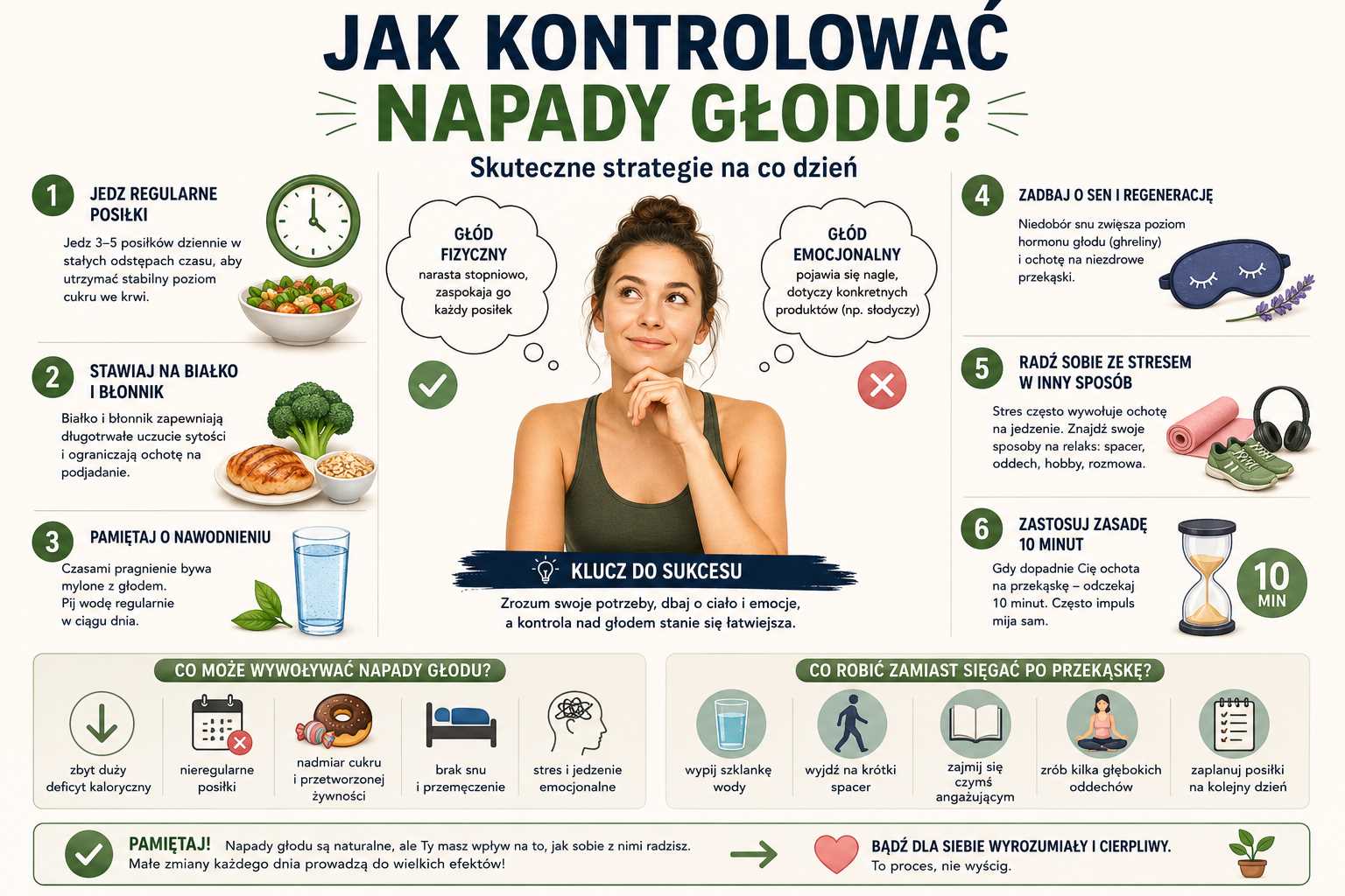 Infografika „Jak kontrolować napady głodu” przedstawiająca strategie radzenia sobie z głodem fizycznym i emocjonalnym – regularne posiłki, białko i błonnik, nawodnienie, sen, redukcję stresu oraz zasadę 10 minut w kontroli apetytu.