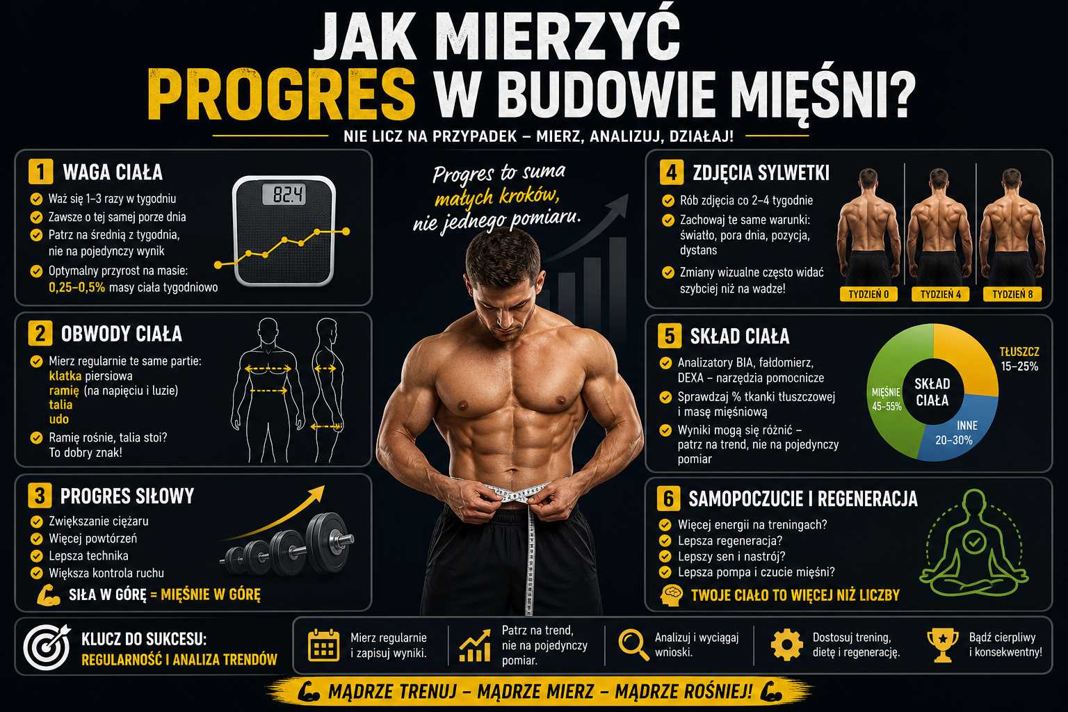 Infografika przedstawiająca sposoby mierzenia progresu w budowie mięśni – obejmuje wagę ciała, obwody, progres siłowy, zdjęcia sylwetki, analizę składu ciała oraz znaczenie regeneracji i monitorowania trendów.