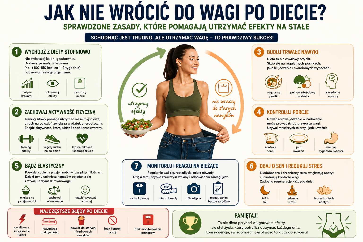 Infografika „Jak nie wrócić do wagi po diecie” przedstawiająca zasady utrzymania efektów redukcji – stopniowe zwiększanie kalorii, aktywność fizyczna, budowanie trwałych nawyków, kontrola porcji, sen, redukcja stresu oraz unikanie efektu jojo.
