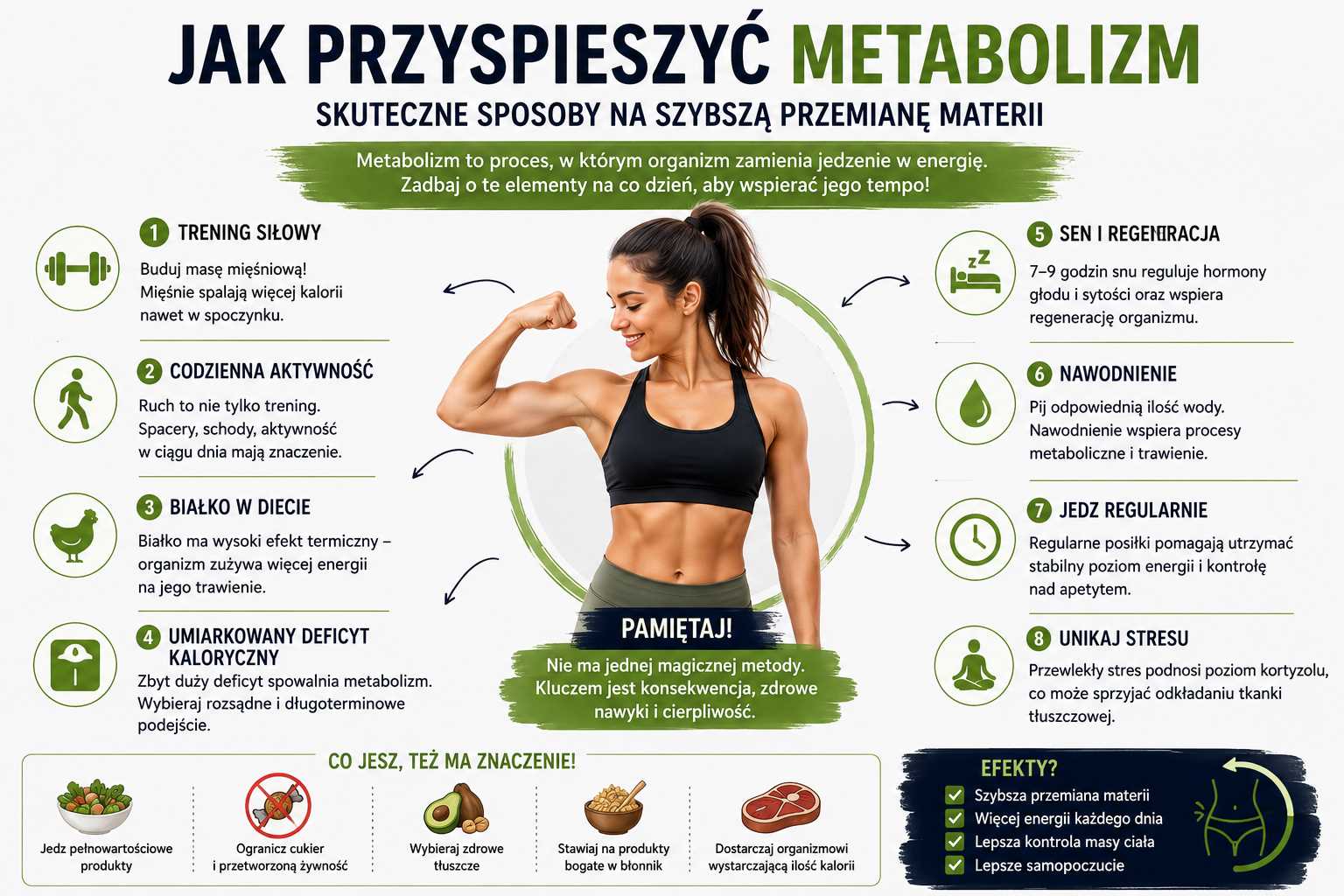 Infografika „Jak przyspieszyć metabolizm” przedstawiająca skuteczne sposoby na szybszą przemianę materii – trening siłowy, codzienną aktywność, białko w diecie, umiarkowany deficyt kaloryczny, sen, nawodnienie oraz ograniczenie stresu.