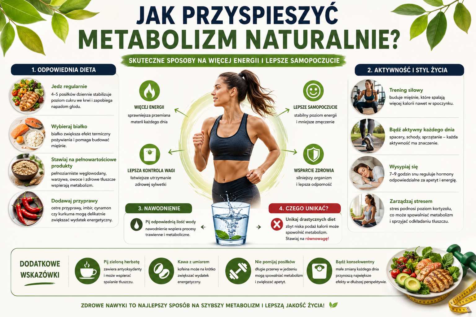Infografika przedstawiająca naturalne sposoby na przyspieszenie metabolizmu, pokazująca rolę zdrowej diety, aktywności fizycznej, nawodnienia, snu oraz regularnych posiłków w utrzymaniu energii i prawidłowej przemiany materii.