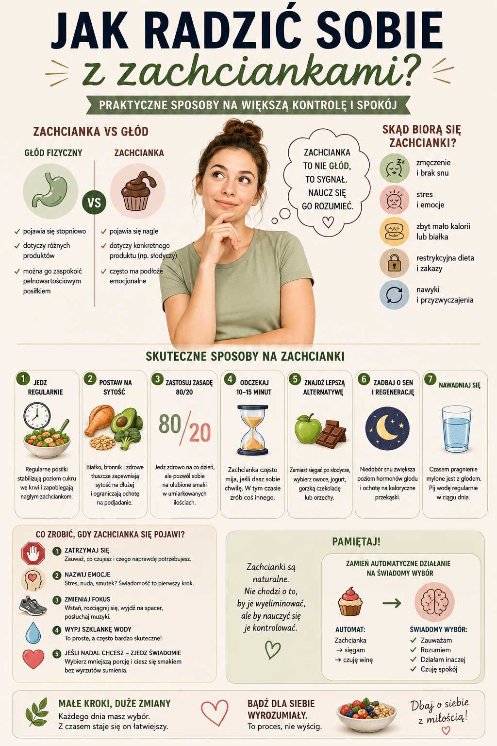 Infografika „Jak radzić sobie z zachciankami” przedstawiająca różnicę między głodem a zachcianką oraz praktyczne sposoby kontroli apetytu – regularne posiłki, zasada 80/20, odczekanie 10–15 minut, lepsze alternatywy, sen i nawodnienie.