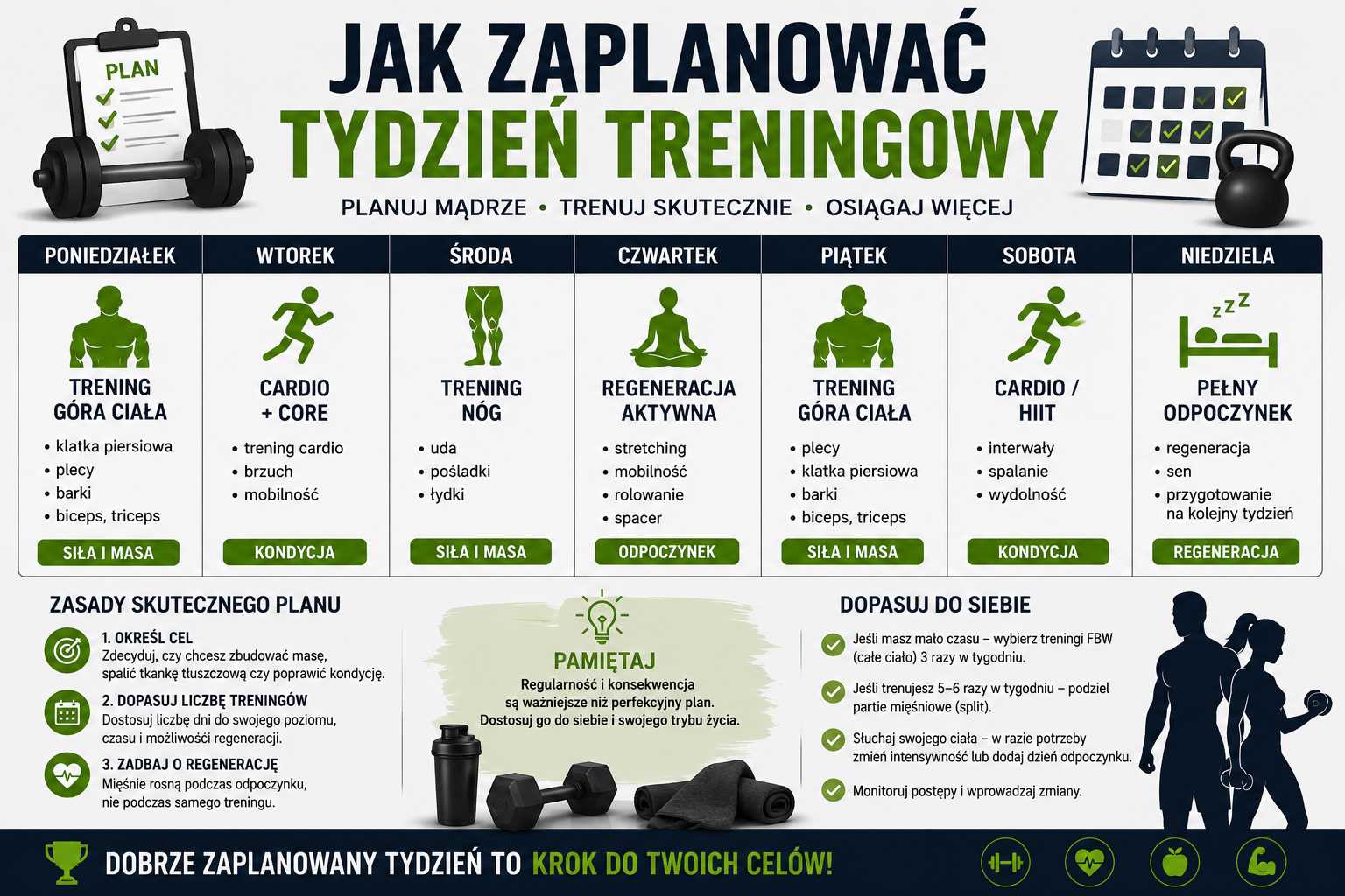 Jak zaplanować tydzień treningowy – infografika z tygodniowym harmonogramem ćwiczeń, podziałem na trening siłowy, cardio i regenerację oraz zasadami skutecznego planowania progresu