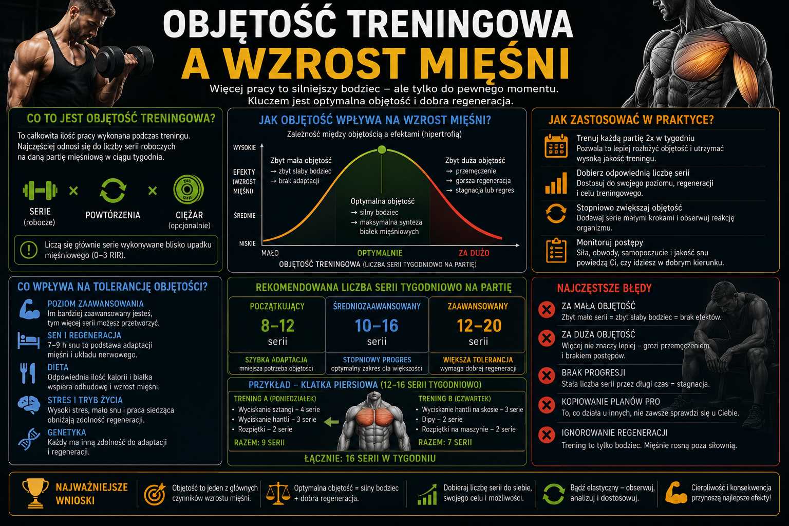Infografika wyjaśniająca zależność między objętością treningową a wzrostem mięśni – pokazuje krzywą optymalnej liczby serii, rekomendacje dla różnych poziomów zaawansowania oraz czynniki wpływające na regenerację i progres.