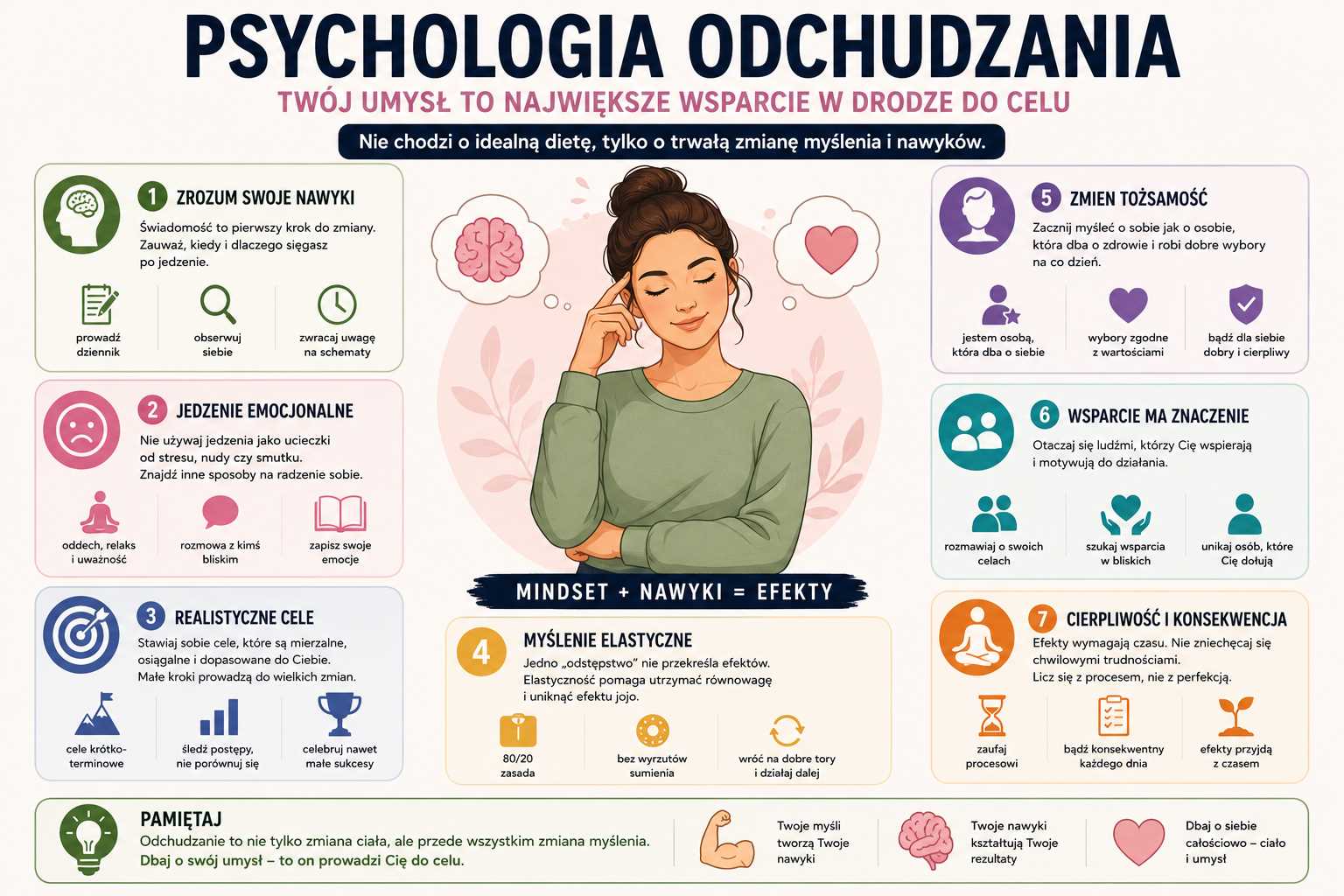 Infografika „Psychologia odchudzania” przedstawiająca mentalne aspekty redukcji – nawyki, jedzenie emocjonalne, realistyczne cele, elastyczne myślenie, zmianę tożsamości, wsparcie oraz cierpliwość jako fundament trwałych efektów.