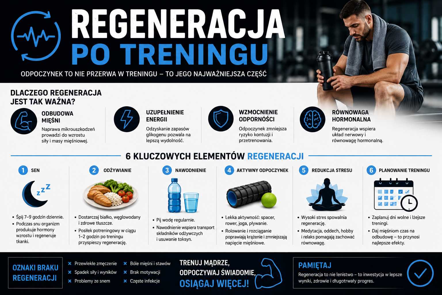 Regeneracja po treningu – infografika pokazująca znaczenie snu, nawodnienia, odżywiania, aktywnego odpoczynku i redukcji stresu dla odbudowy mięśni oraz poprawy wyników treningowych