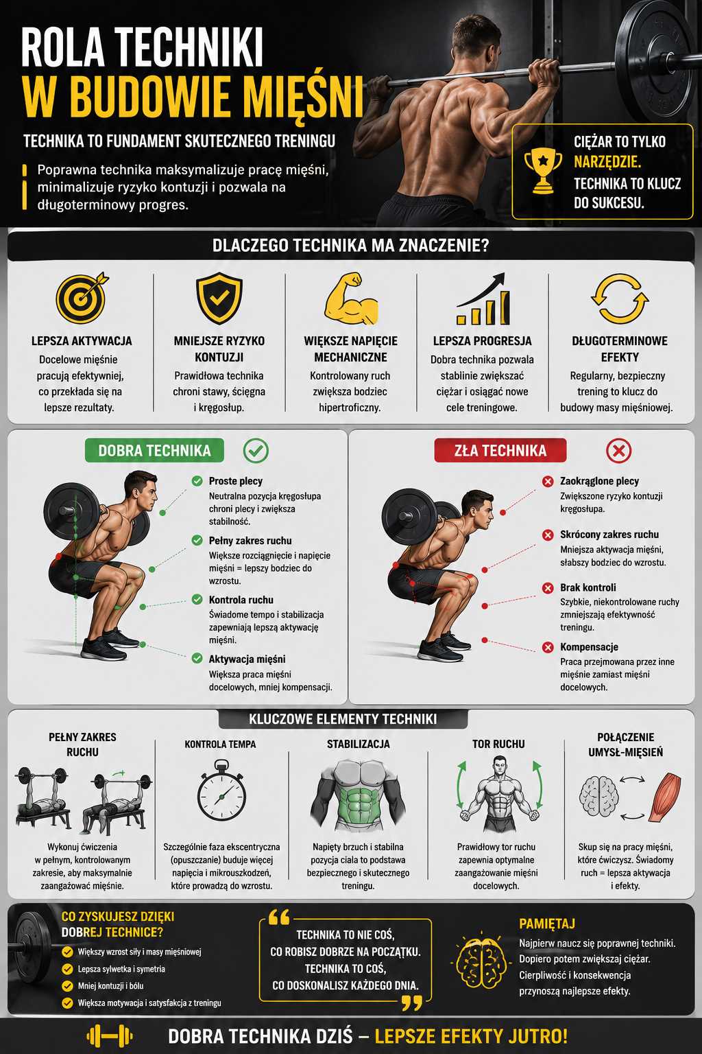 Infografika pokazująca znaczenie techniki w budowie mięśni – porównanie poprawnej i błędnej formy ćwiczeń, pełnego zakresu ruchu, kontroli tempa oraz aktywacji mięśni dla maksymalnej hipertrofii i bezpieczeństwa treningu.