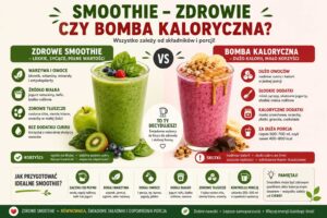 Infografika porównująca zdrowe smoothie i smoothie jako bombę kaloryczną, pokazująca różnice w składnikach, kaloryczności, dodatkach oraz wpływie na sytość i poziom cukru we krwi.