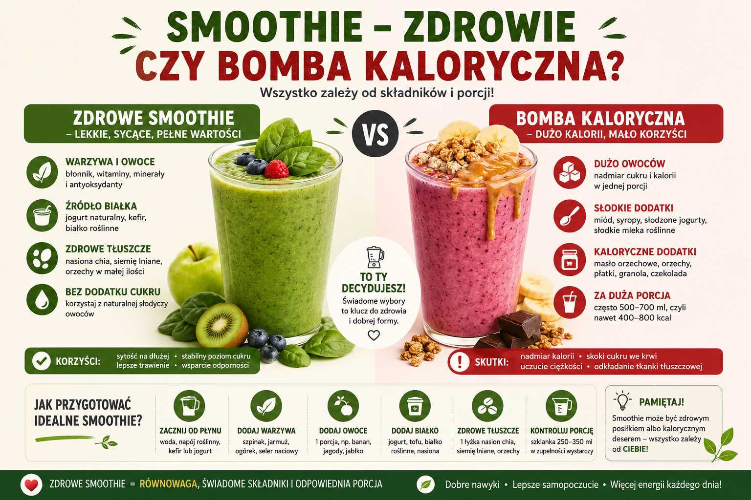 Infografika porównująca zdrowe smoothie i smoothie jako bombę kaloryczną, pokazująca różnice w składnikach, kaloryczności, dodatkach oraz wpływie na sytość i poziom cukru we krwi.