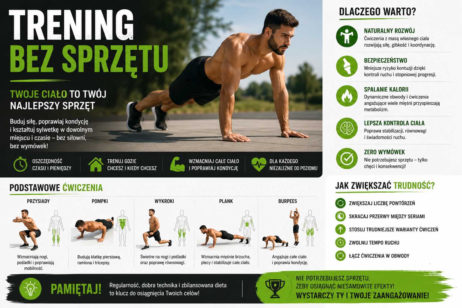 Trening bez sprzętu – infografika przedstawiająca ćwiczenia z masą własnego ciała, takie jak przysiady, pompki, wykroki i plank, z korzyściami dla siły, spalania kalorii i poprawy stabilizacji