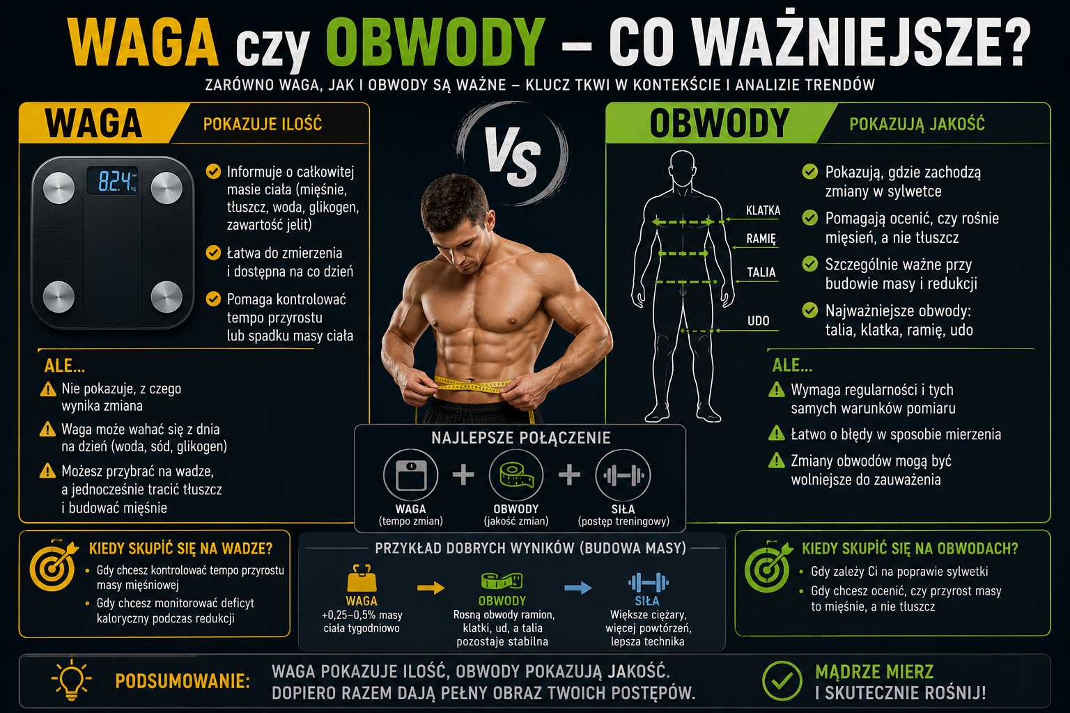 Infografika porównująca wagę i obwody w ocenie progresu sylwetki – pokazuje, że waga mierzy ilość, a obwody jakość zmian oraz podkreśla znaczenie łączenia obu metod z analizą siły treningowej.