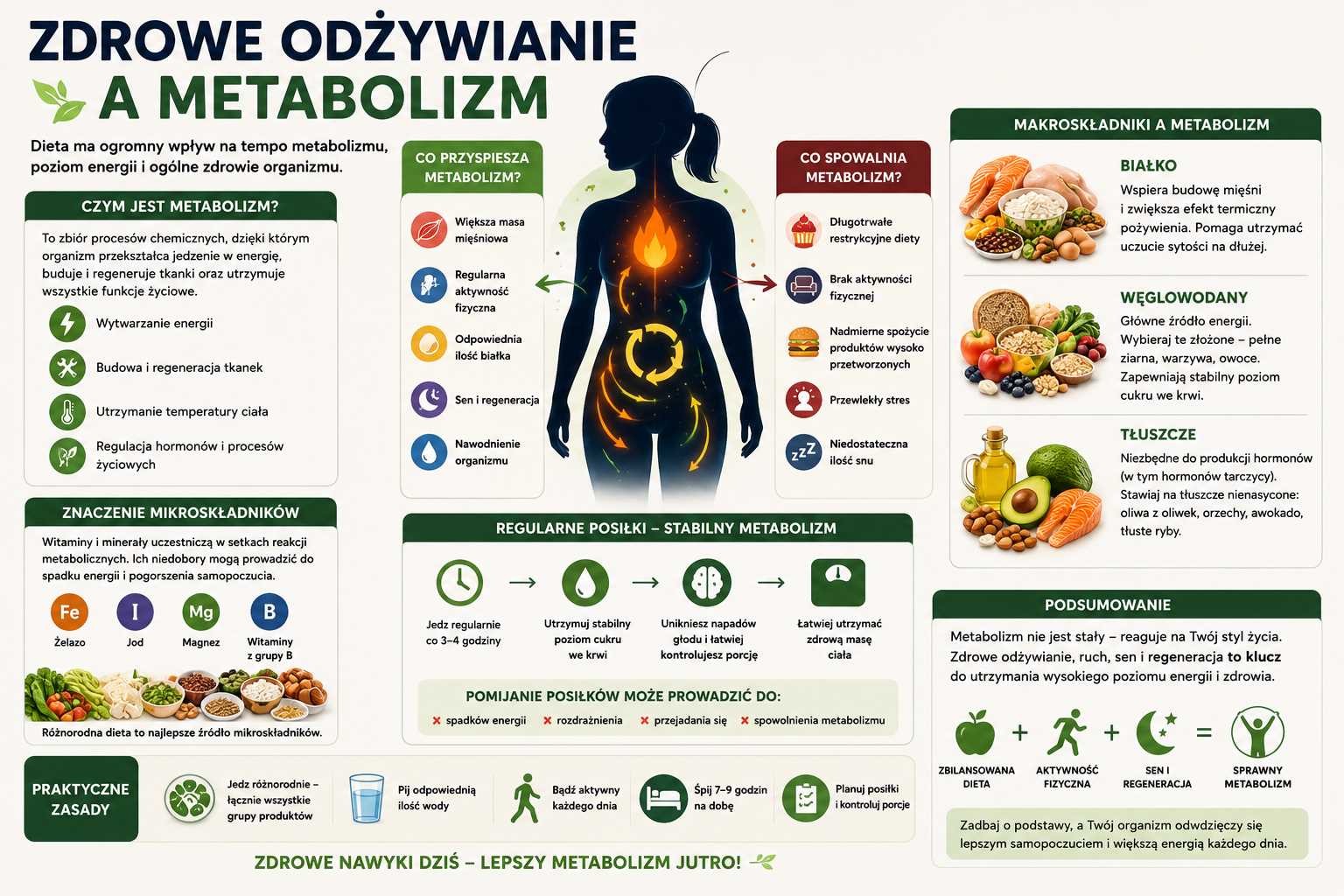 Infografika przedstawiająca zależność między zdrowym odżywianiem a metabolizmem, pokazująca czynniki przyspieszające i spowalniające przemianę materii, rolę makroskładników oraz znaczenie regularnych posiłków i aktywności fizycznej.