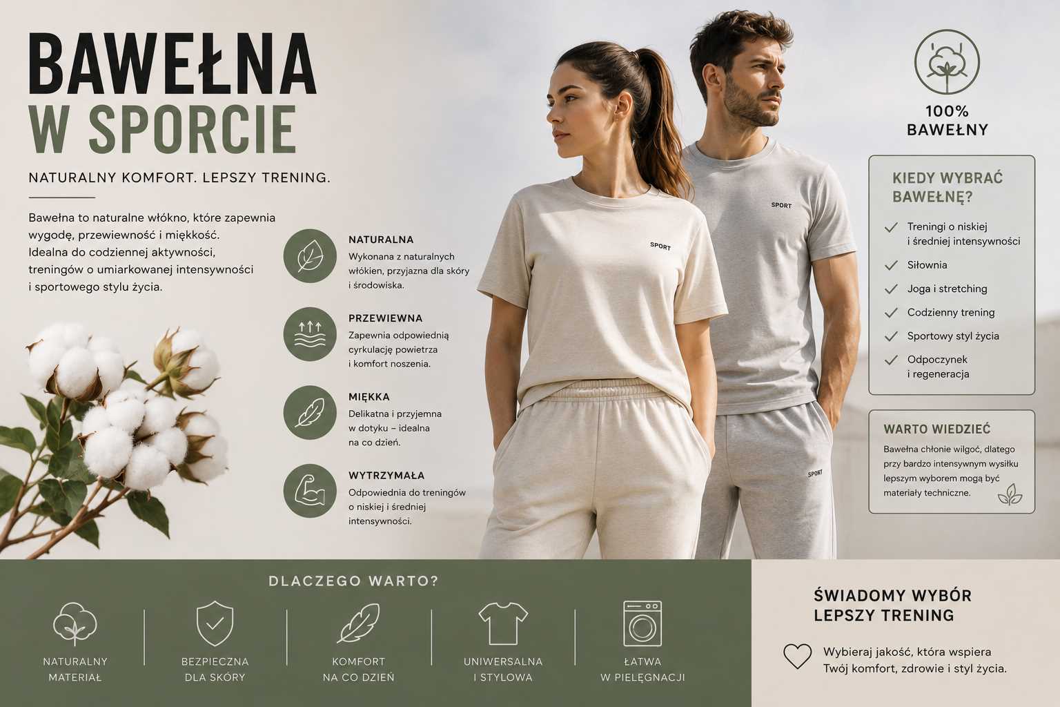 Bawełna w sporcie – kobieta i mężczyzna w jasnej bawełnianej odzieży treningowej, prezentujący naturalny komfort, przewiewność i wygodę podczas codziennej aktywności.