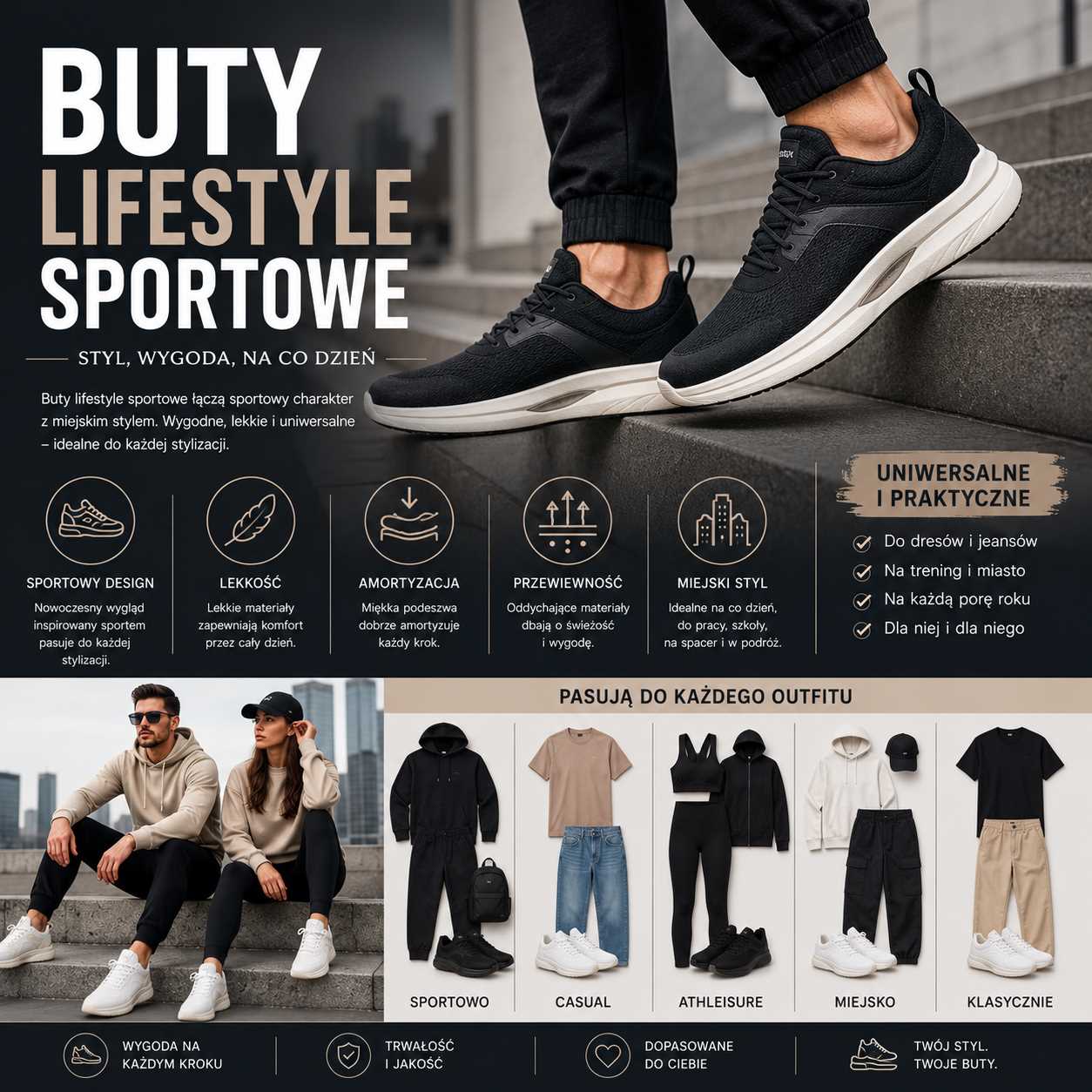 Buty lifestyle sportowe – nowoczesne czarne sneakersy w miejskiej stylizacji athleisure, z przykładami codziennych outfitów łączących wygodę, lekkość i sportowy charakter.