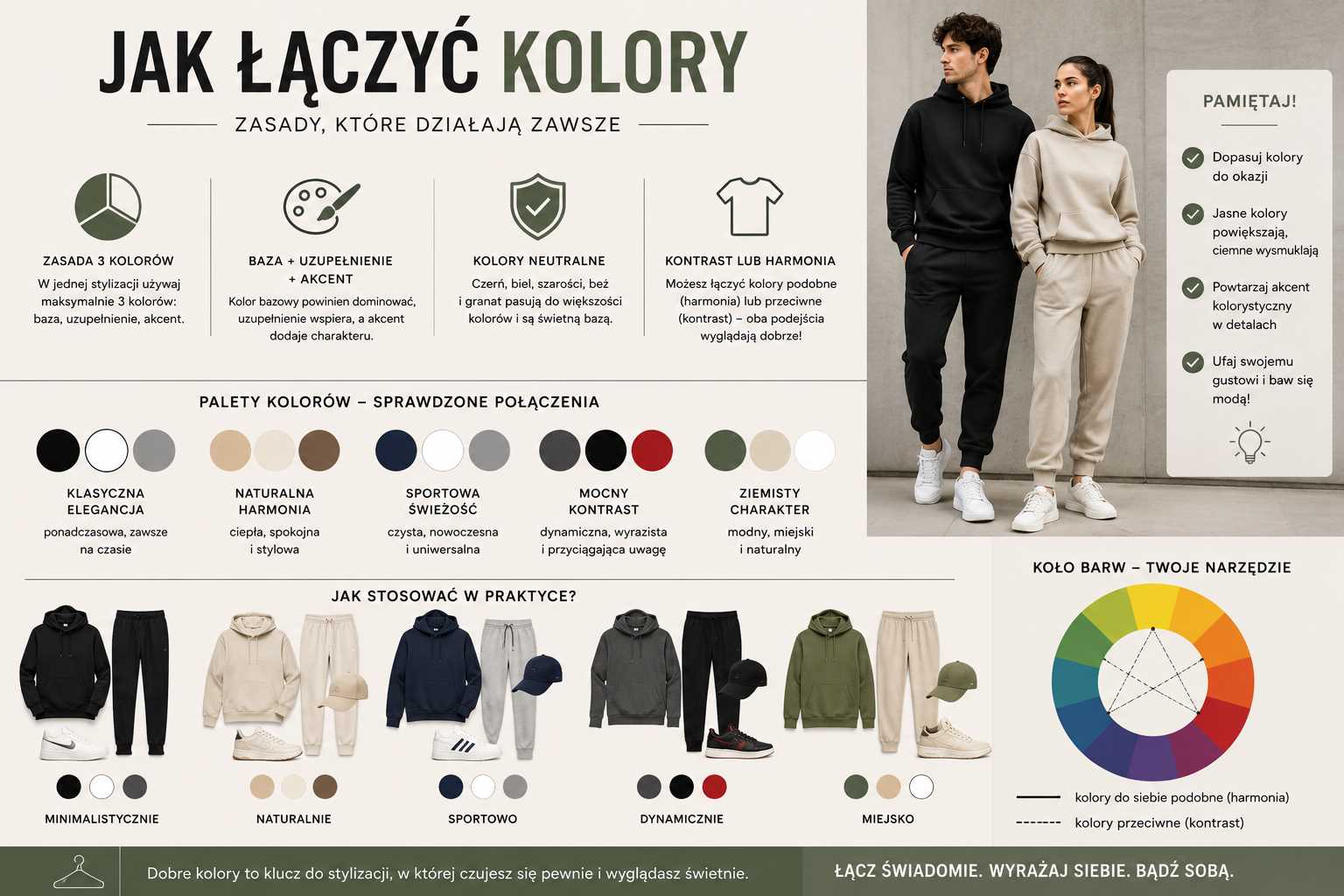 Jak łączyć kolory – sportowe stylizacje w neutralnych i kontrastowych barwach z przykładami zestawów, paletą kolorów i kołem barw pokazującym harmonię oraz kontrast.