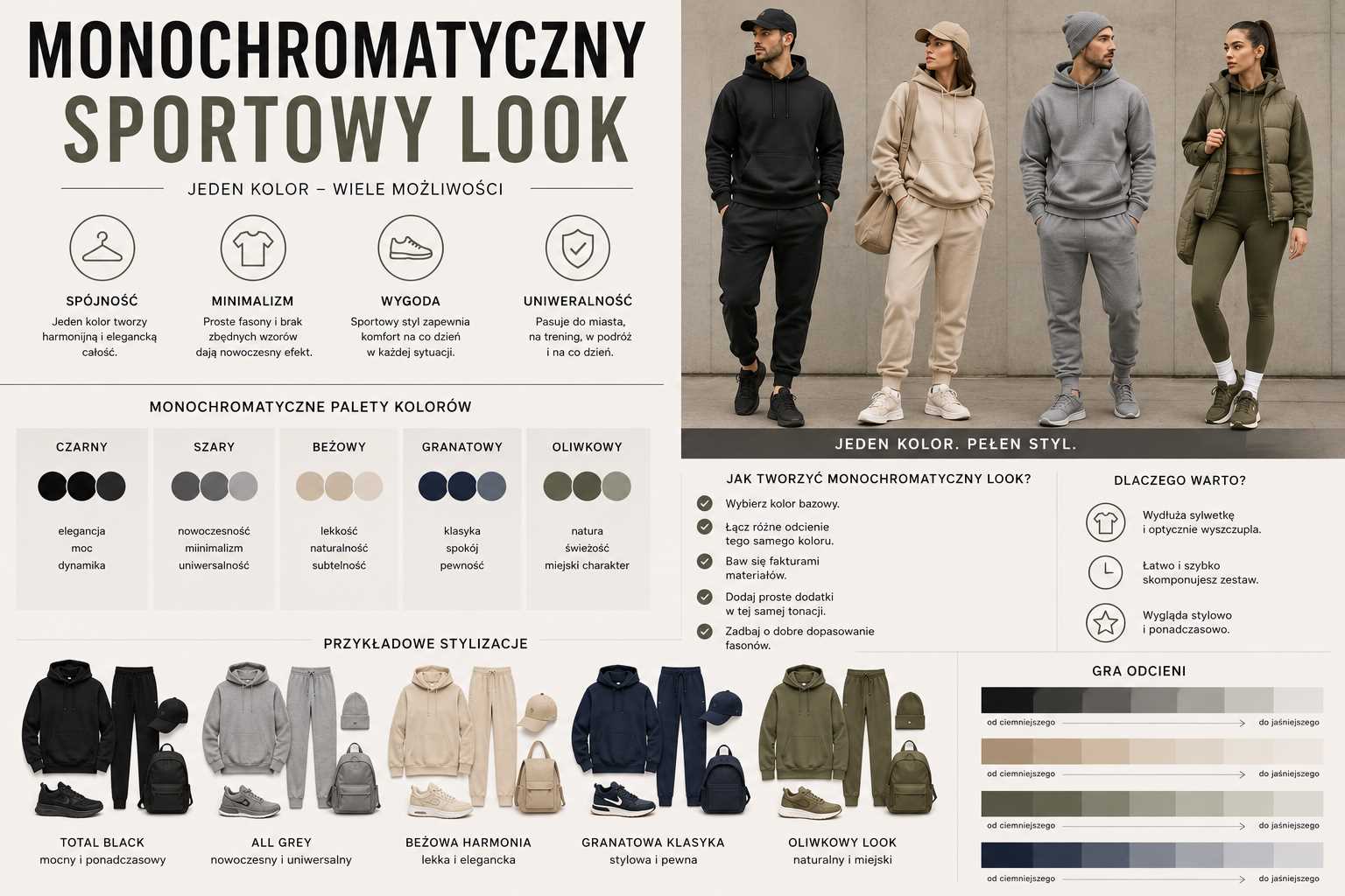 Monochromatyczny sportowy look – kobieta i mężczyźni w jednokolorowych stylizacjach sportowych w odcieniach czerni, beżu, szarości, granatu i oliwkowego, prezentujący spójny styl athleisure.