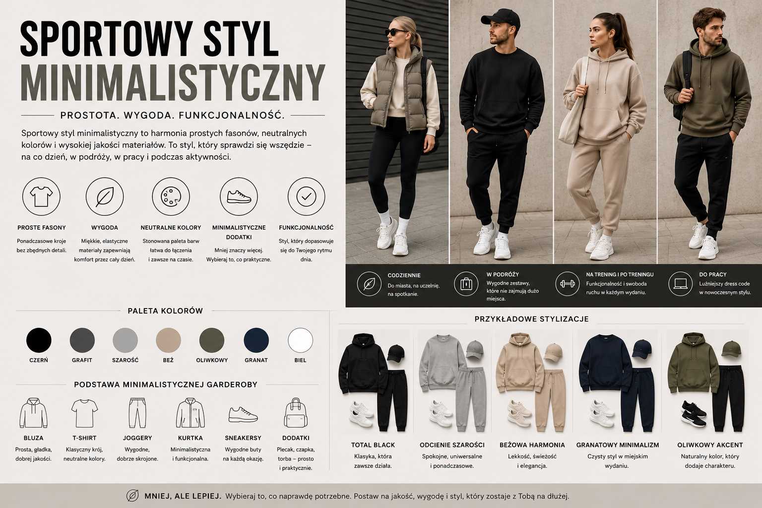 Sportowy styl minimalistyczny – kobiety i mężczyźni w prostych sportowych stylizacjach w neutralnych kolorach: czerni, beżu, szarości, granacie i oliwkowym, z bluzami, joggerami, kamizelkami, sneakersami i minimalistycznymi dodatkami.