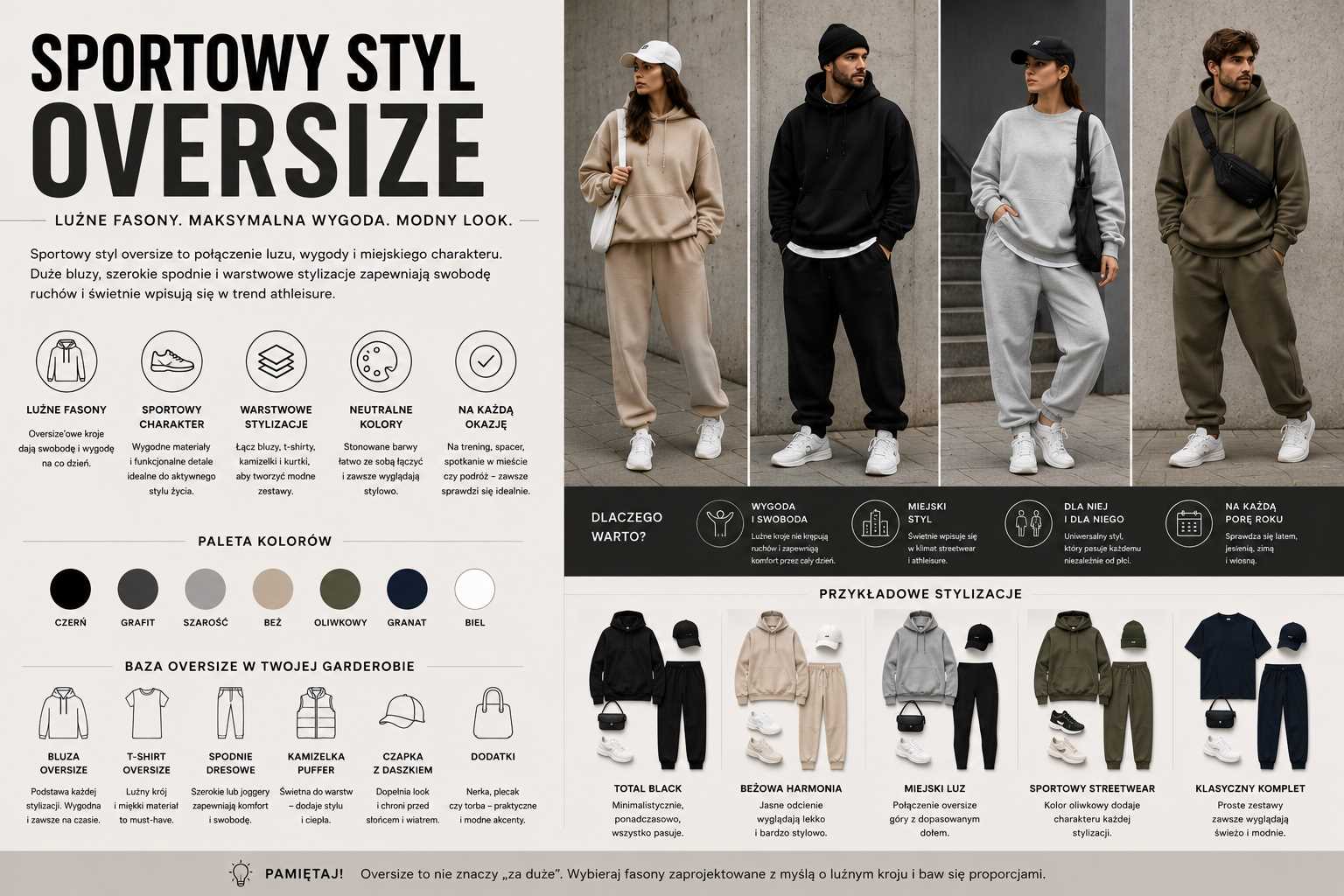 Sportowy styl oversize – kobiety i mężczyźni w luźnych stylizacjach athleisure z oversize’owymi bluzami, szerokimi joggerami, sneakersami, czapkami i sportowymi dodatkami w miejskiej scenerii.
