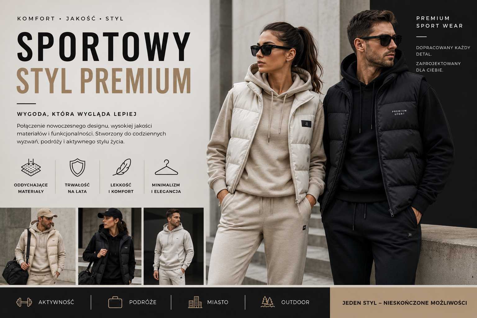 Sportowy styl premium – kobieta i mężczyzna w luksusowych kompletach dresowych oraz pikowanych kamizelkach premium w minimalistycznej, eleganckiej stylizacji inspirowanej nowoczesnym streetwearem i modą athleisure.