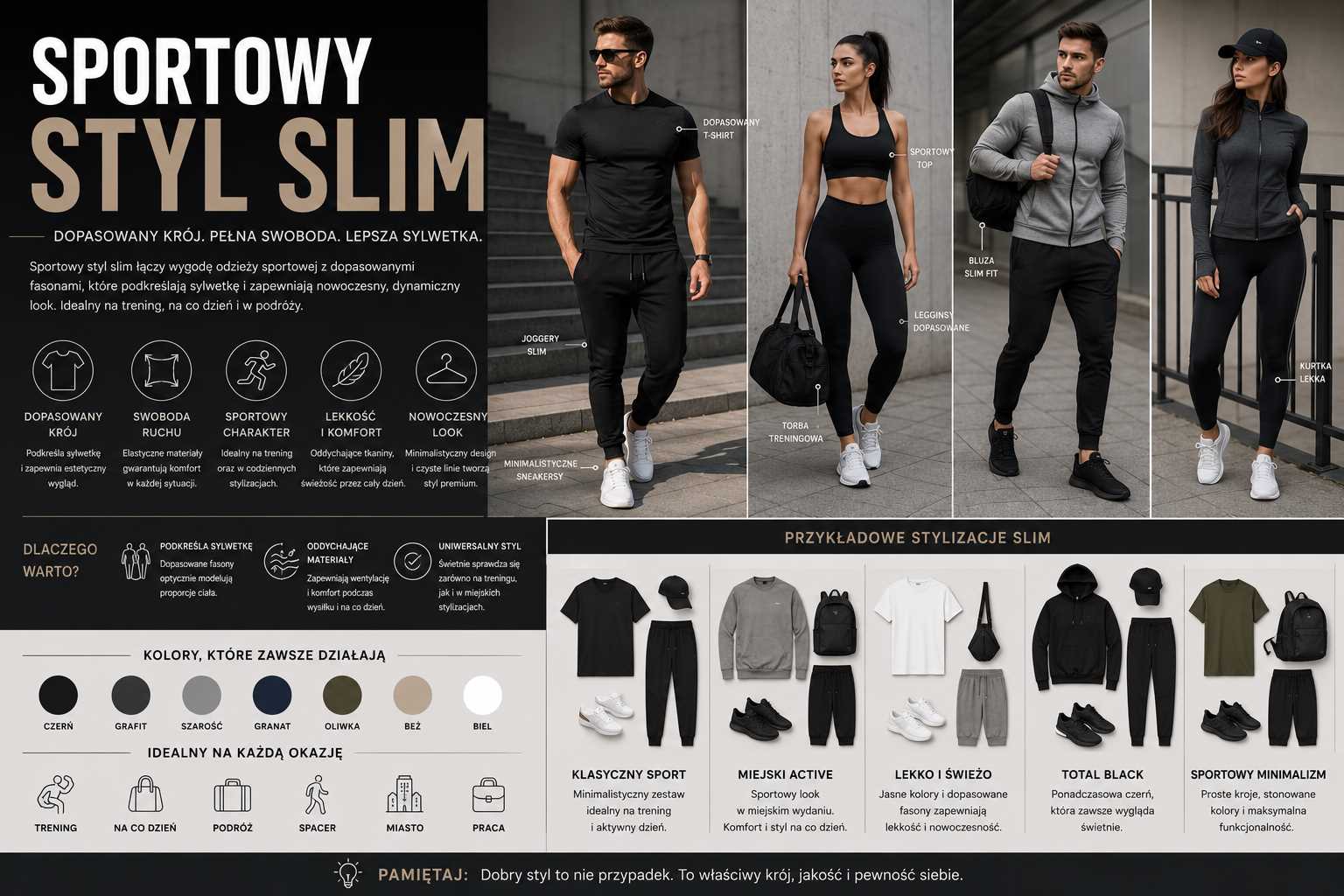Sportowy styl slim – kobiety i mężczyźni w dopasowanych sportowych stylizacjach z t-shirtami, bluzami slim fit, legginsami, joggerami, sneakersami i minimalistycznymi dodatkami w nowoczesnej miejskiej scenerii.