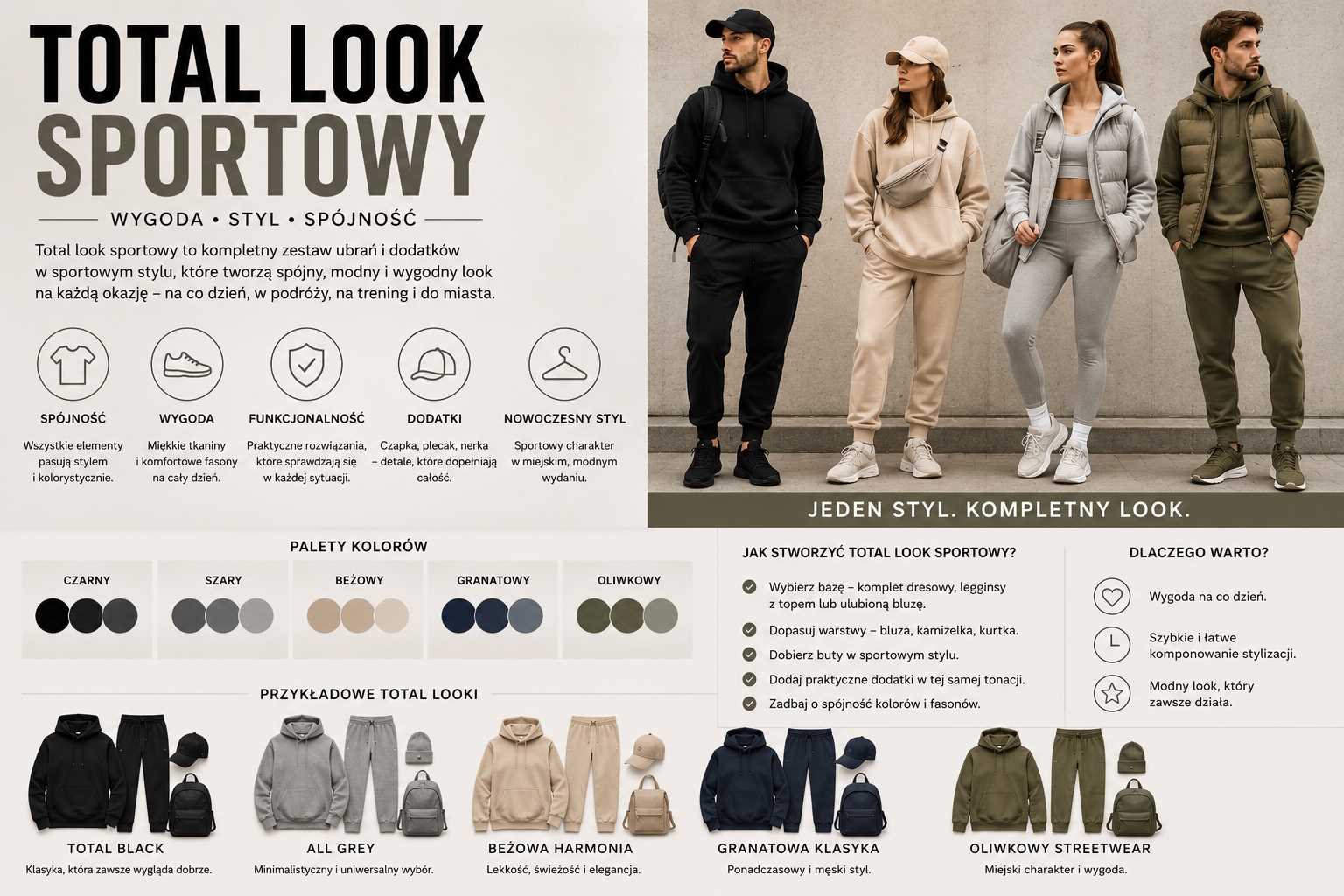 Total look sportowy – kobiety i mężczyźni w kompletnych stylizacjach athleisure z bluzami, joggerami, kamizelkami, sneakersami i sportowymi dodatkami w spójnych kolorach czerni, beżu, szarości, granatu i oliwkowego.