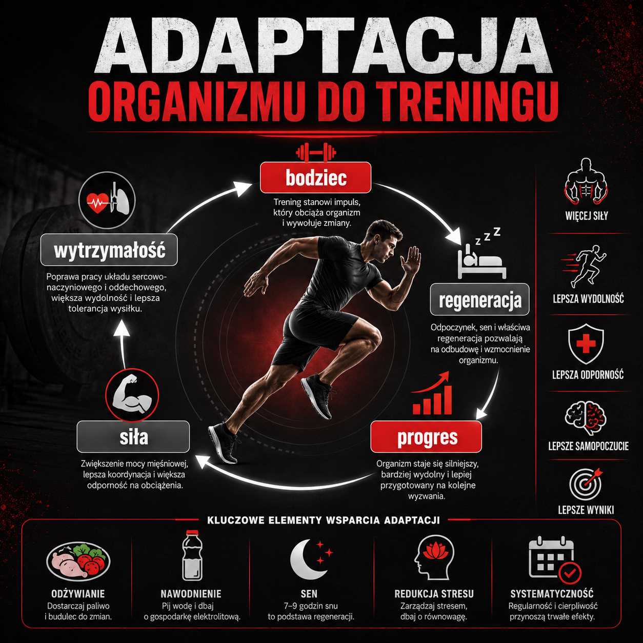 Infografika przedstawiająca adaptację organizmu do treningu – pokazuje zależność między bodźcem treningowym, regeneracją, progresją, siłą, wytrzymałością, snem, odżywianiem i systematycznością w budowaniu formy.
