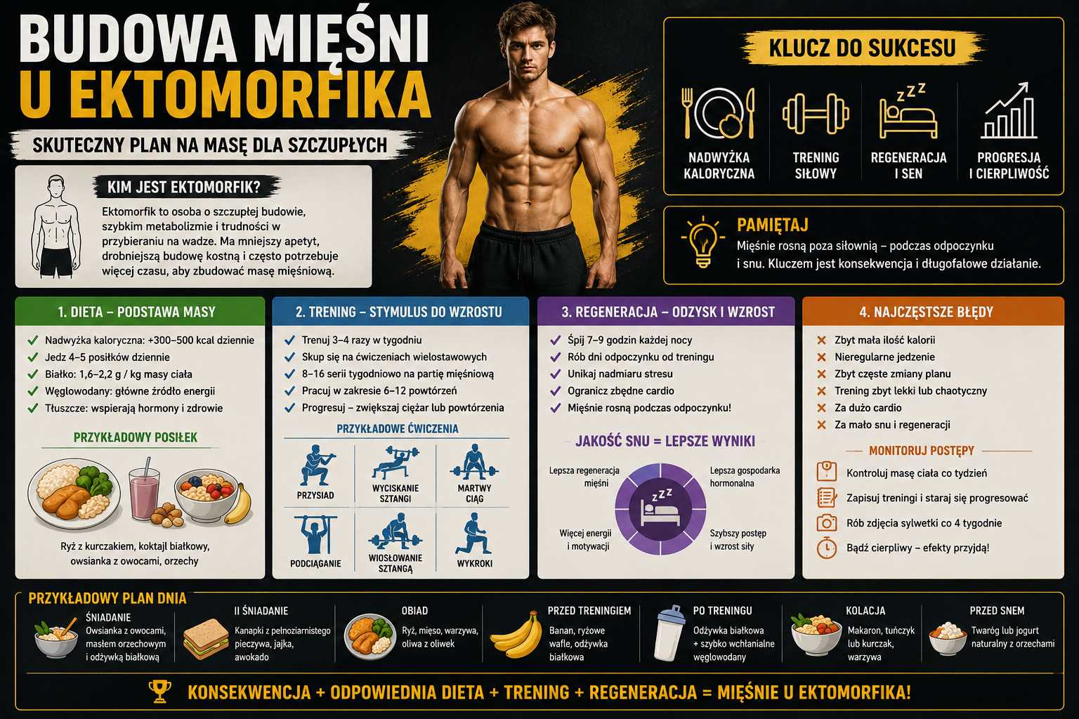 Infografika przedstawiająca budowę mięśni u ektomorfika – pokazuje plan na masę dla osób szczupłych, znaczenie nadwyżki kalorycznej, treningu siłowego, regeneracji, progresji oraz najczęstsze błędy utrudniające przybieranie masy mięśniowej.