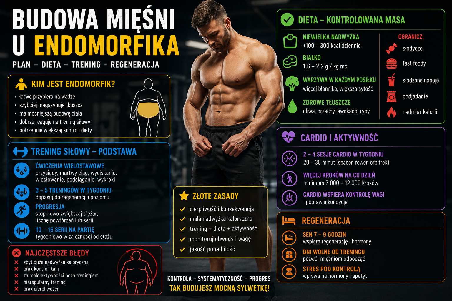 Infografika przedstawiająca budowę mięśni u endomorfika – pokazuje plan diety, treningu siłowego, cardio, aktywności i regeneracji oraz najczęstsze błędy, których warto unikać podczas kontrolowanego budowania masy mięśniowej.