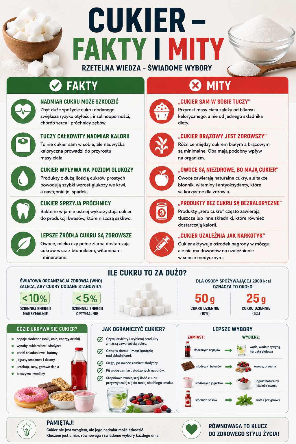 Infografika „Cukier – fakty i mity” przedstawiająca porównanie faktów i mitów dotyczących cukru, zalecane spożycie według WHO, skutki nadmiaru cukru oraz praktyczne sposoby ograniczania cukru w codziennej diecie.