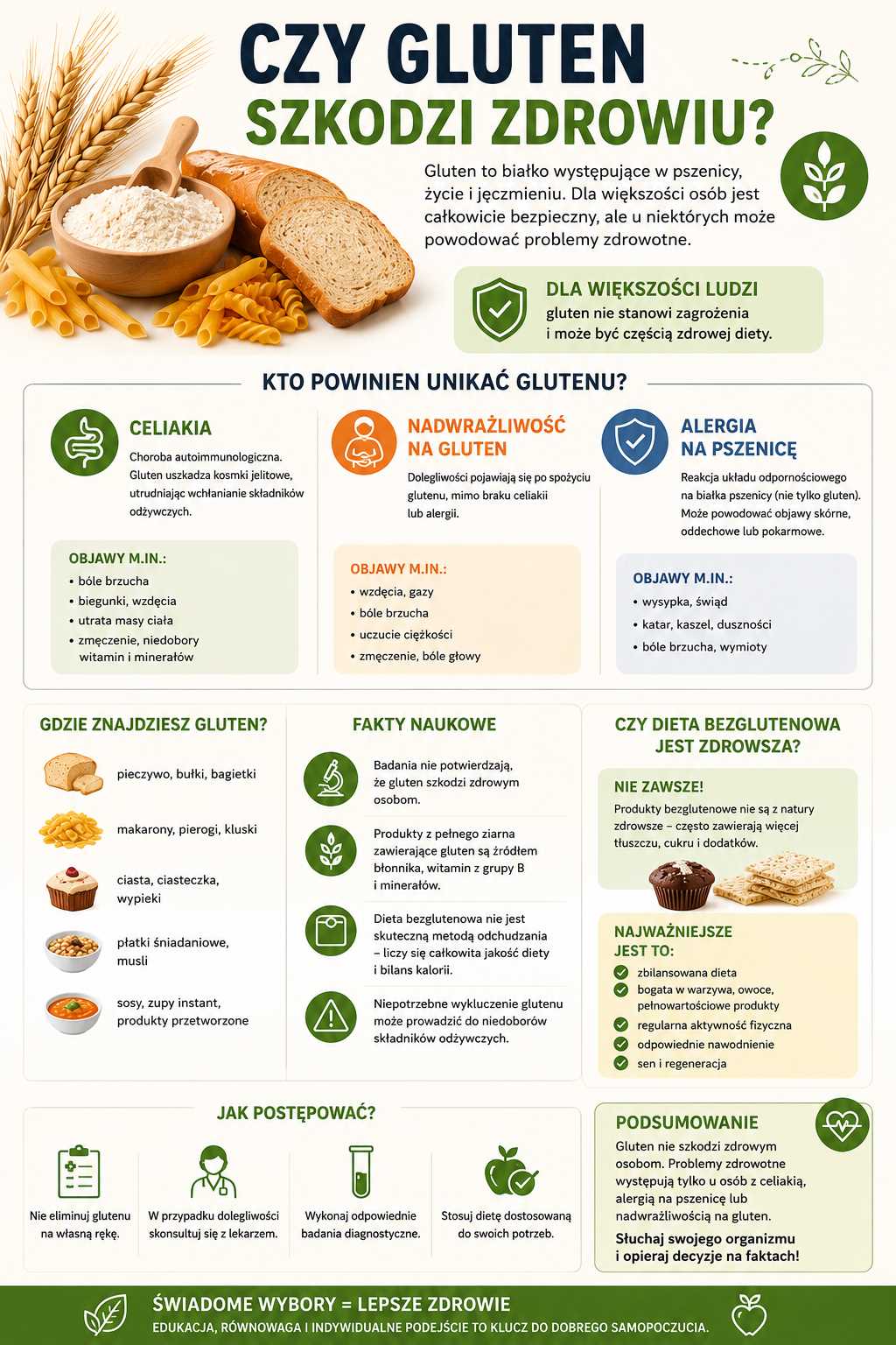 Infografika wyjaśniająca, czy gluten szkodzi zdrowiu, przedstawiająca produkty zawierające gluten, informacje o celiakii, nadwrażliwości na gluten i alergii na pszenicę, a także fakty i mity dotyczące diety bezglutenowej oraz wskazówki dotyczące świadomych wyborów żywieniowych.