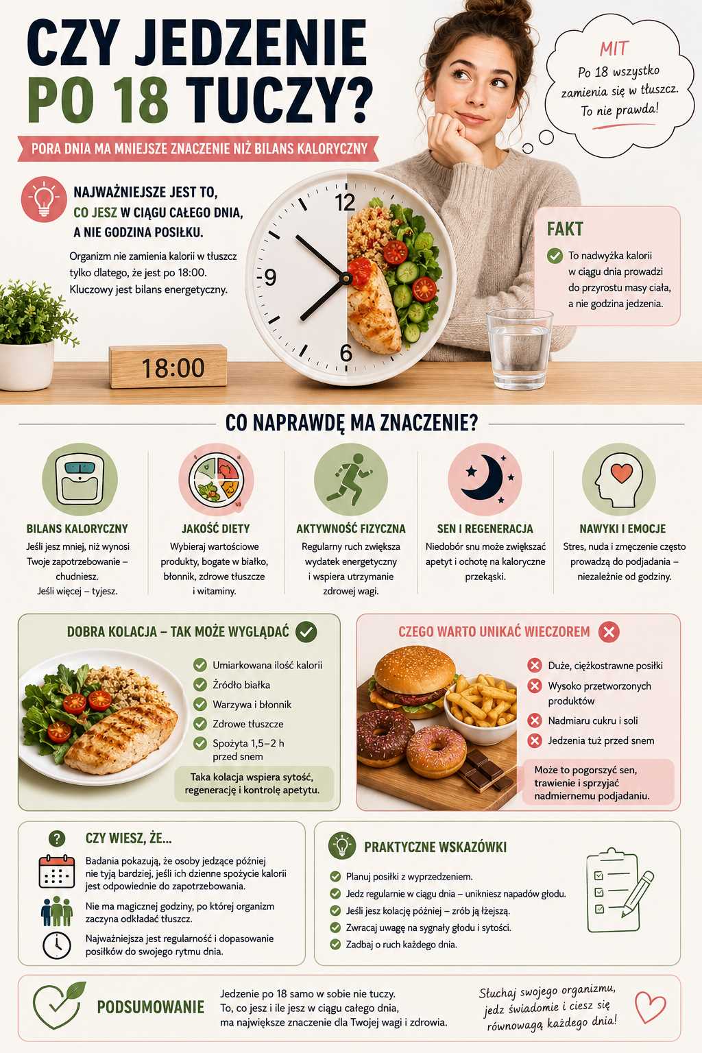 Infografika „Czy jedzenie po 18 tuczy?” przedstawiająca mit i fakty dotyczące wieczornego jedzenia – podkreślająca znaczenie bilansu kalorycznego, jakości diety, aktywności fizycznej oraz przykłady zdrowej kolacji i produktów, których warto unikać wieczorem.