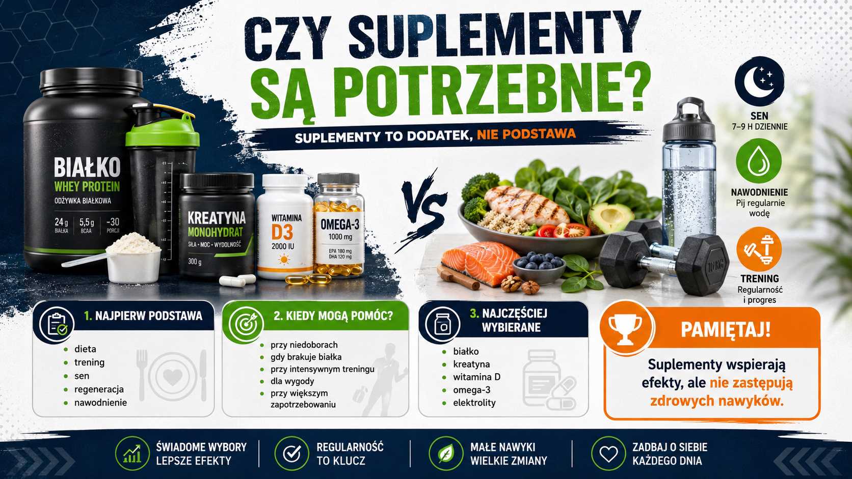 Czy suplementy są potrzebne – infografika pokazująca suplementy jako dodatek do diety, treningu, snu, nawodnienia i regeneracji, z przykładami białka, kreatyny, witaminy D, omega-3 oraz elektrolitów.