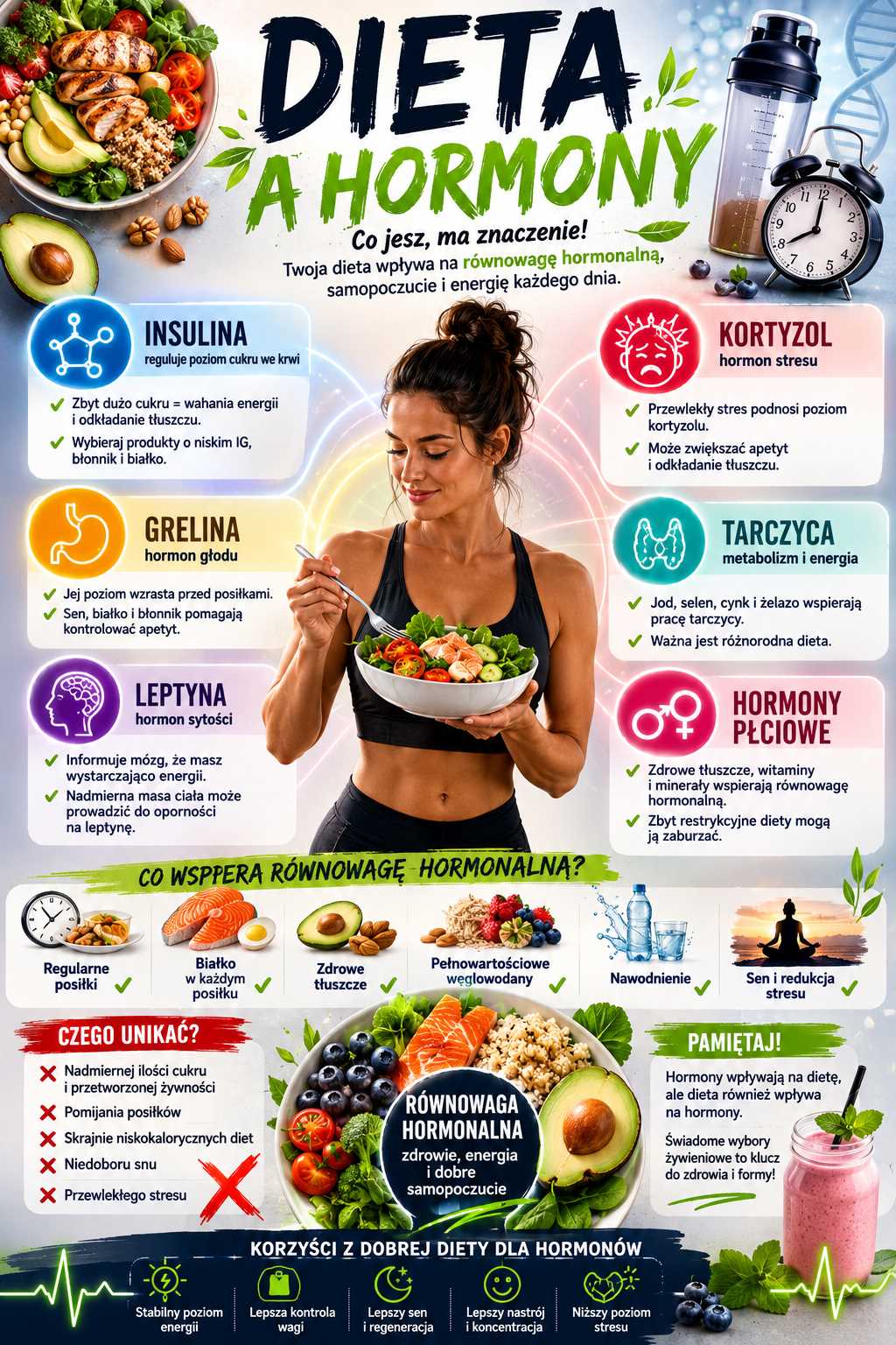 Infografika „Dieta a hormony” przedstawiająca wpływ odżywiania na gospodarkę hormonalną organizmu. Grafika pokazuje rolę insuliny, leptyny, greliny, kortyzolu, hormonów tarczycy i hormonów płciowych oraz produkty wspierające równowagę hormonalną, zdrowy metabolizm, kontrolę apetytu i poziom energii.
