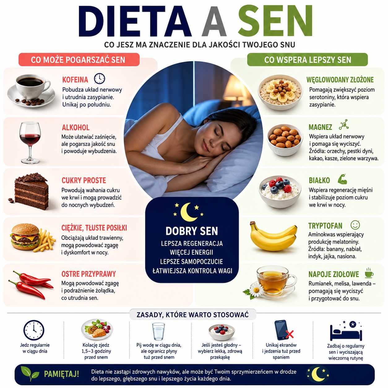 Infografika „Dieta a sen” pokazująca, jak odżywianie wpływa na jakość snu, regenerację i poziom energii. Grafika przedstawia produkty pogarszające sen, takie jak kofeina, alkohol, cukry proste i ciężkie posiłki, oraz składniki wspierające lepszy sen, w tym magnez, białko, tryptofan, węglowodany złożone i napoje ziołowe.