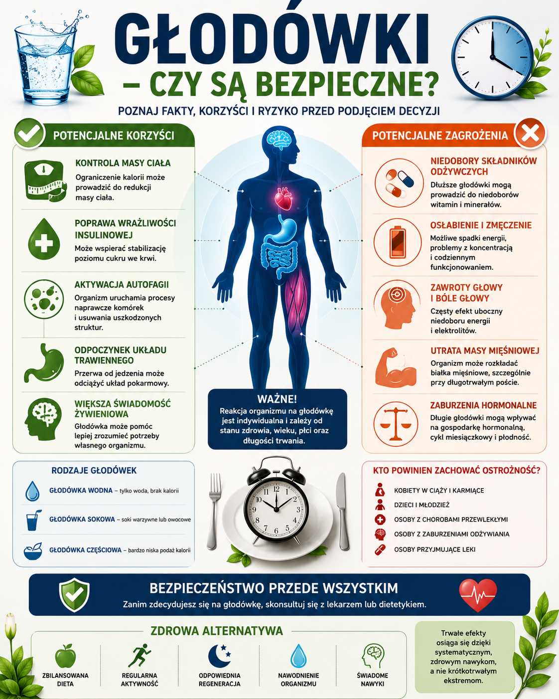 Infografika przedstawiająca temat głodówki – czy są bezpieczne, z podziałem na potencjalne korzyści i zagrożenia, ikonami organizmu, zegarem symbolizującym post oraz sekcją ostrzegawczą dotyczącą bezpieczeństwa i konsultacji ze specjalistą.