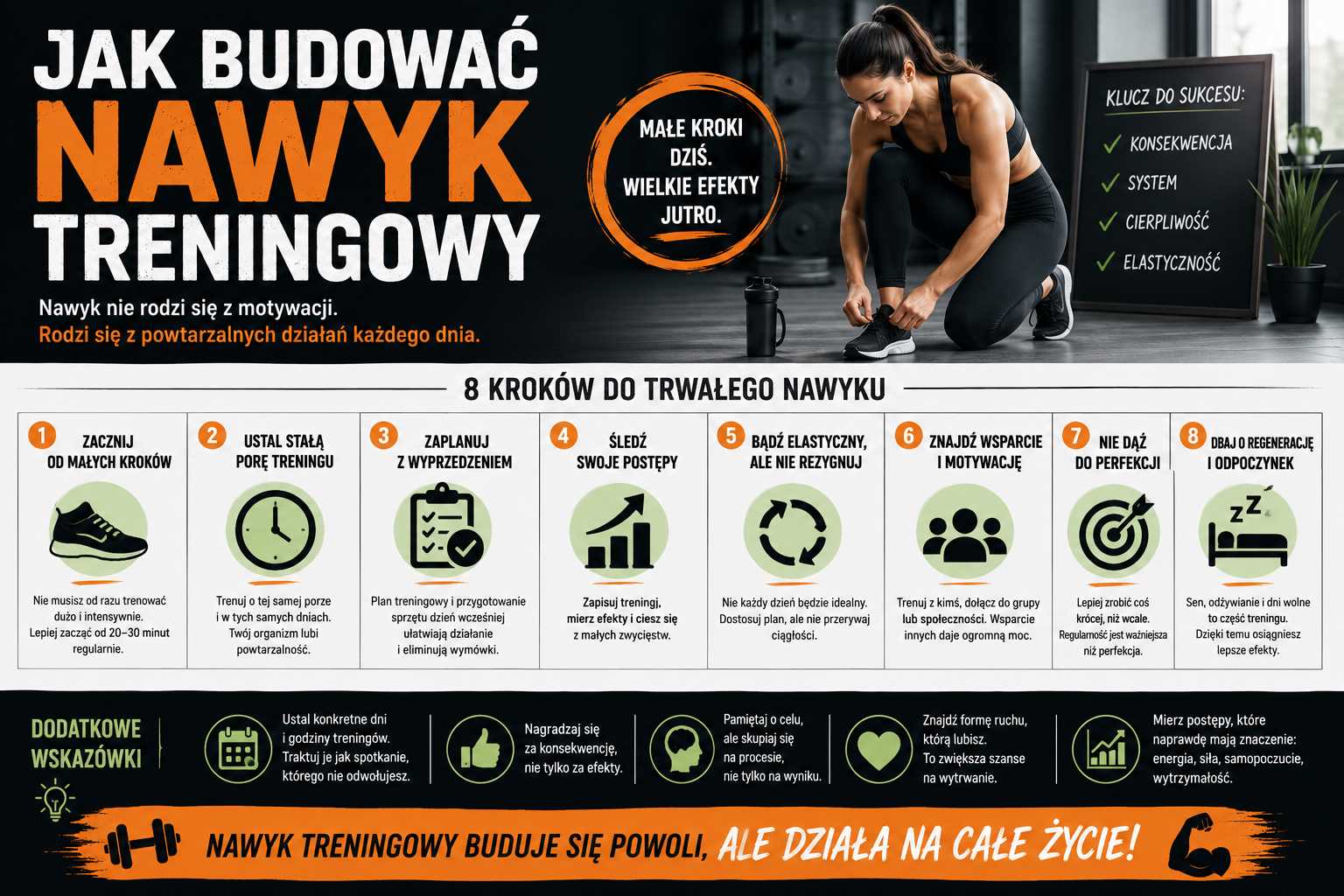 Jak budować nawyk treningowy – infografika pokazująca 8 kroków do regularnych ćwiczeń, planowanie treningu, małe kroki, śledzenie postępów, elastyczność, motywację oraz regenerację jako podstawę trwałej aktywności fizycznej.