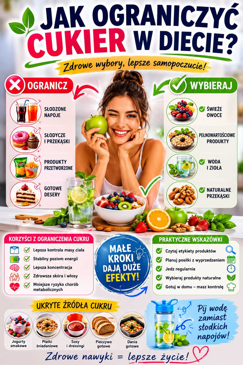 Infografika przedstawiająca sposoby na ograniczenie cukru w diecie, z podziałem na produkty do unikania i zdrowsze alternatywy, ikonami owoców, wody oraz listą praktycznych wskazówek dotyczących czytania etykiet i planowania posiłków.